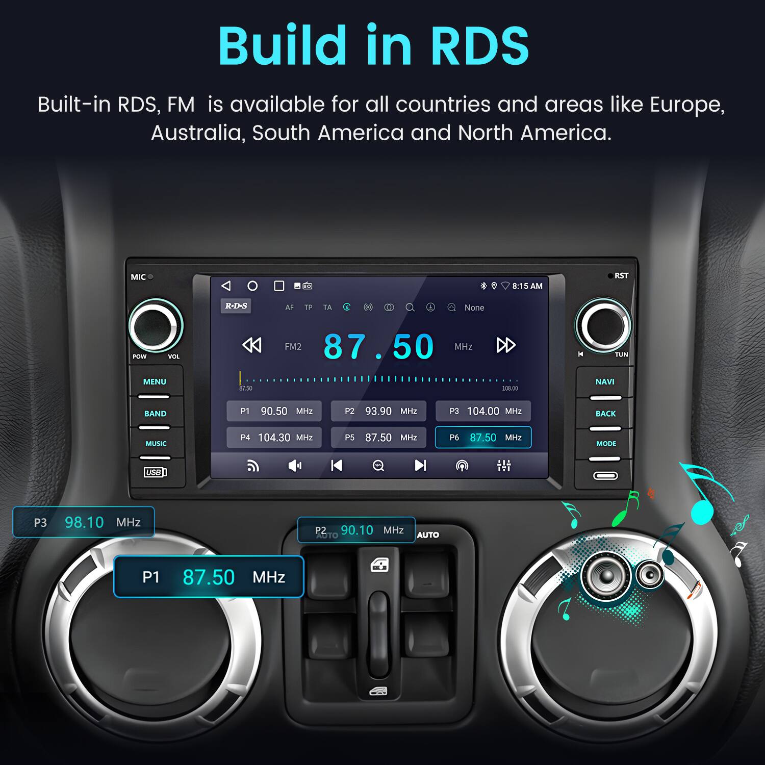 Build in RDS

Built-in RDS, FM is available for all countries and areas like Europe, Australia, South America and North America.