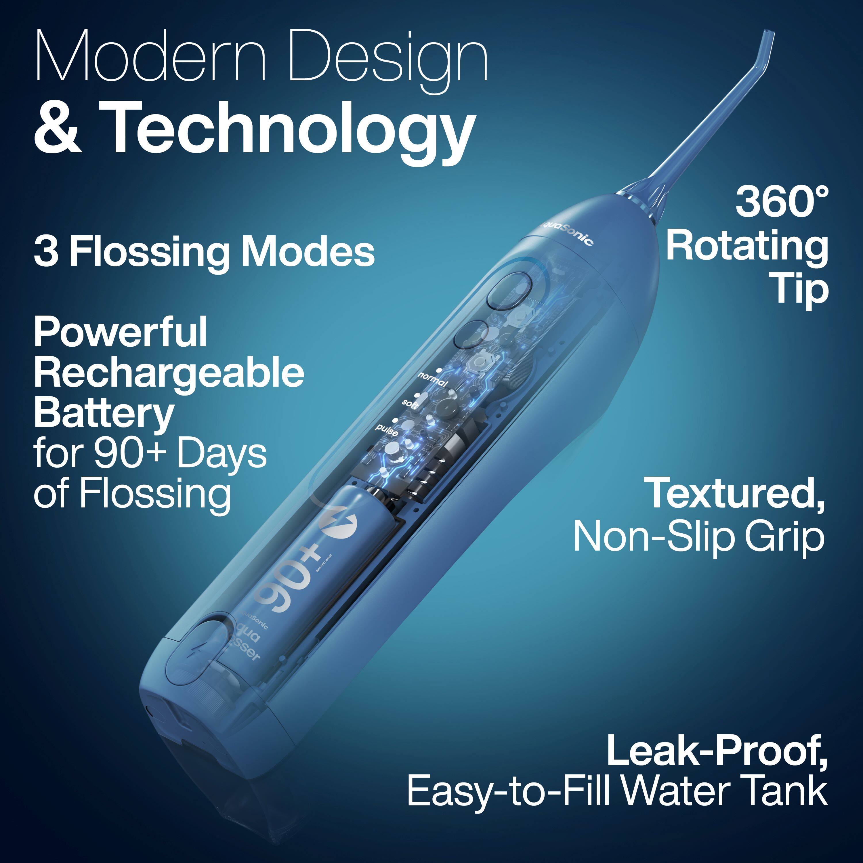 Modern Design & Technology

- 3 Flossing Modes
- 360° Rotating Tip
- Powerful Rechargeable Battery for 90+ Days of Flossing
- Textured, Non-Slip Grip
- Leak-Proof, Easy-to-Fill Water Tank