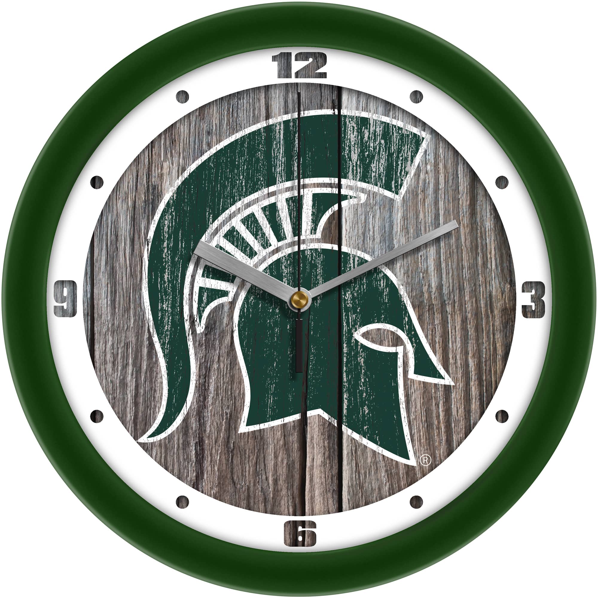 MpDirect - Michigan State Spartans 11.5'' Suntime Premium Glass Face Weathered Wood Wall Clock - Multicolor