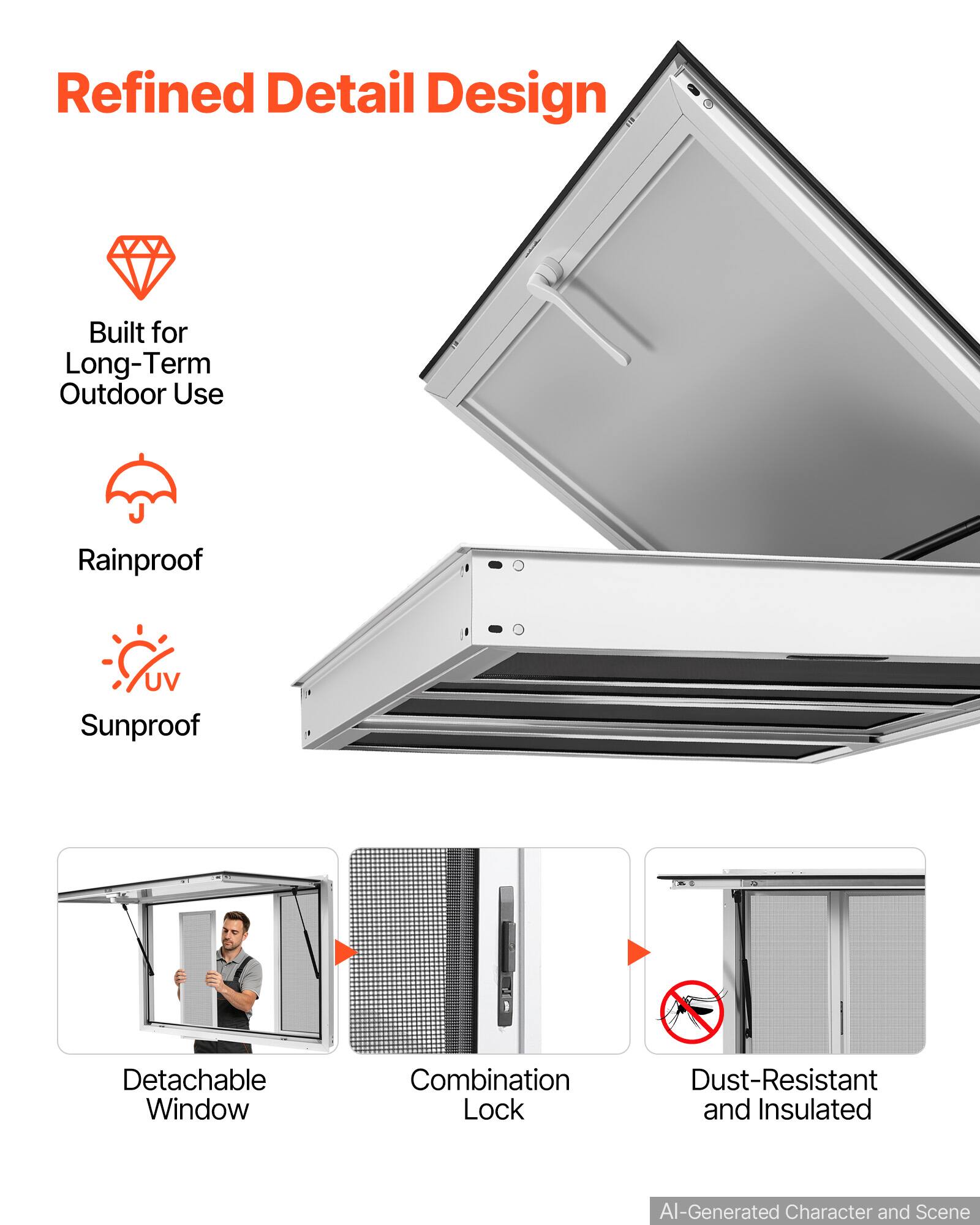 Refined Detail Design  
Built for Long-Term Outdoor Use  
Rainproof  
UV Sunproof  
Detachable Window  
Combination Lock  
Dust-Resistant and Insulated  
AI-Generated Character and Scene
