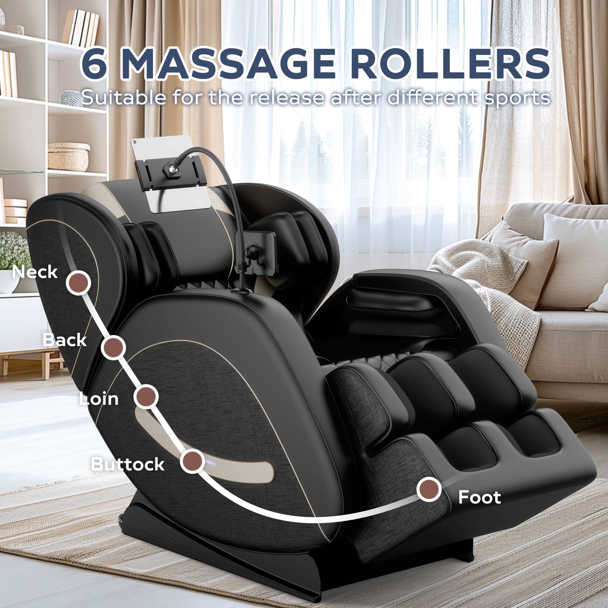 6 MASSAGE ROLLERS  
Suitable for the release after different sports  

Neck  
Back  
Loin  
Buttock  
Foot