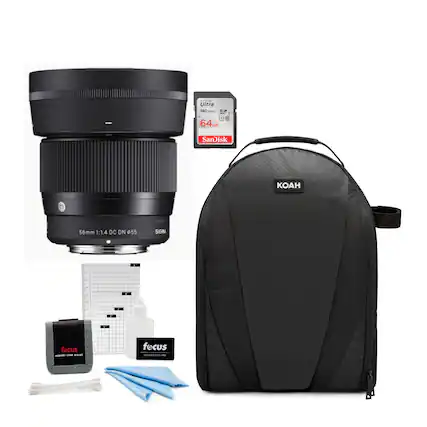 Sure, here is the corrected and grouped text from the image:
- **Lens:** 56mm 1:1.4 DC DN 055 SIGMA
- **Memory Card:** SanDisk Ultra 140MB/s 64GB
- **Bag:** KOAH
- **Cleaning Kit:** focus MEMORY CARD WALT, focus SQUEEZE CARD, cleaning wipes, and a cleaning solution bottle
- **Grid:** A grid with numbers (1-12) for reference