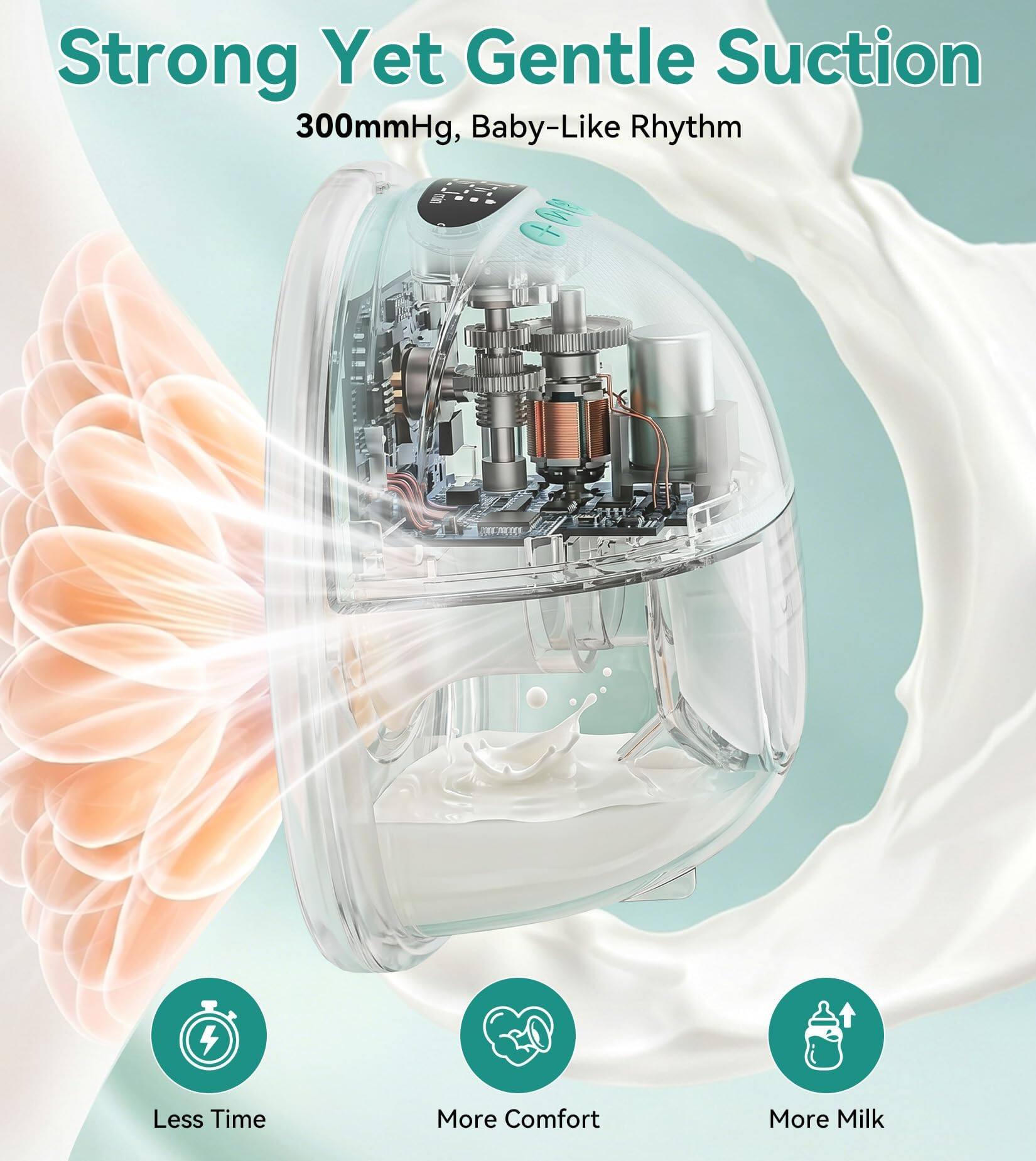 Strong Yet Gentle Suction  
300mmHg, Baby-Like Rhythm  

Less Time  
More Comfort  
More Milk
