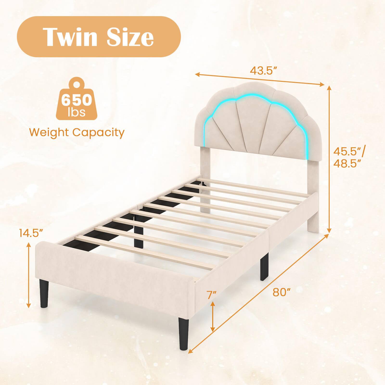 Twin Size  
650 lbs Weight Capacity  
43.5"  
45.5"/48.5"  
14.5"  
7"  
80"
