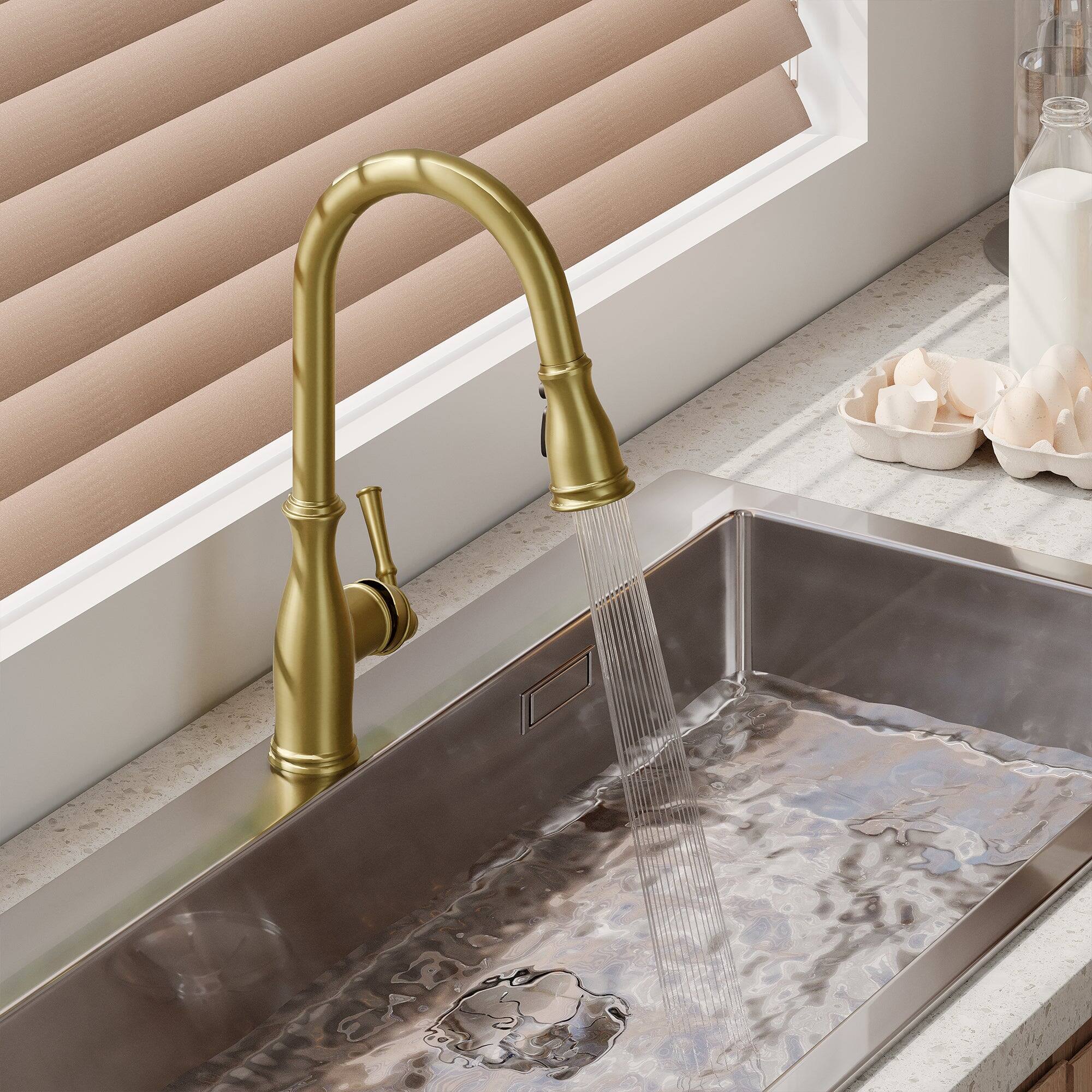 Alt View 2. Boyel Living - 3-Spray Patterns Single Handle Pull Down Sprayer Kitchen Faucet with Deck Plate and Ceramic Cartridge in Brushed Gold - Brushed Gold.