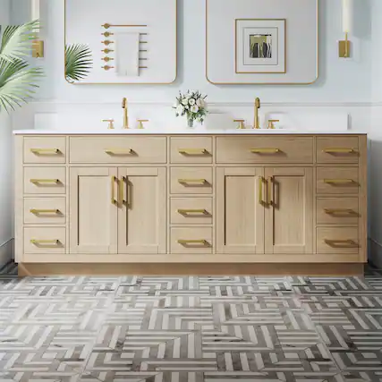 Front. WELLFOR - 84" Solid Wood Bathroom Vanity with Double Sink, 4 Soft-Close Doors, 14 Drawers& Cultured Marble Countertop - OAK.