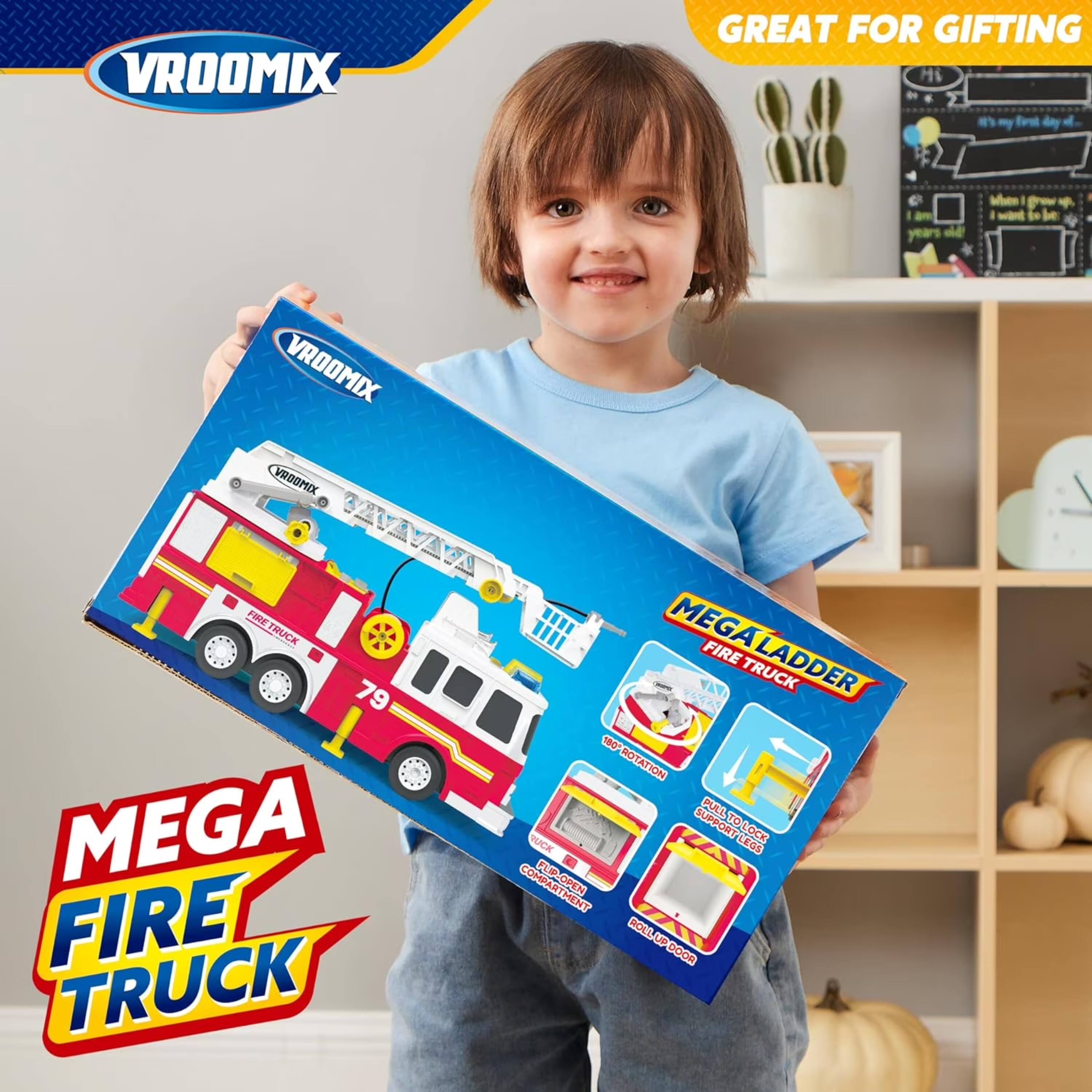 VROOMIX GREAT FOR GIFTING

Hi my dy years de Whes I P 4 -ar ln be

VROOMIX VROOMIX SAVAVACA FIRE TRUCK MEGALADDER FIRE TRUCK 79

180 ROTATION PULL SUPPORT TO-LOCK TO MEGA COMPABUCK FUROPEN FLPP OPEN LEGS

a HENT FIRE ROLL LP DOOM TRUCK