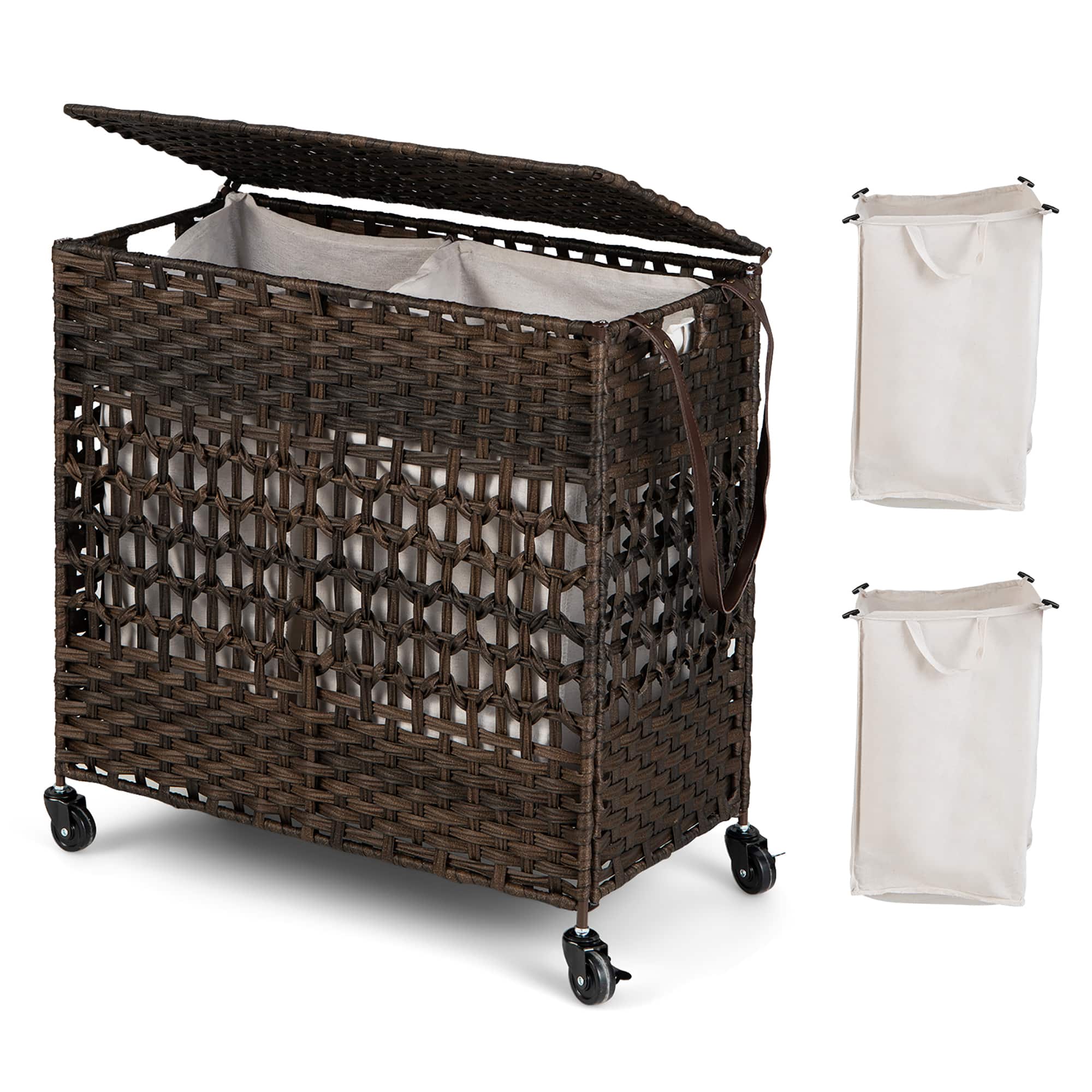 Costway - 110L Laundry Hamper w/Wheels Clothes Basket w/Lid and Handle and 2 Liner Bags - Brown