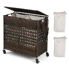 Costway - 110L Laundry Hamper w/Wheels Clothes Basket w/Lid and Handle and 2 Liner Bags - Brown