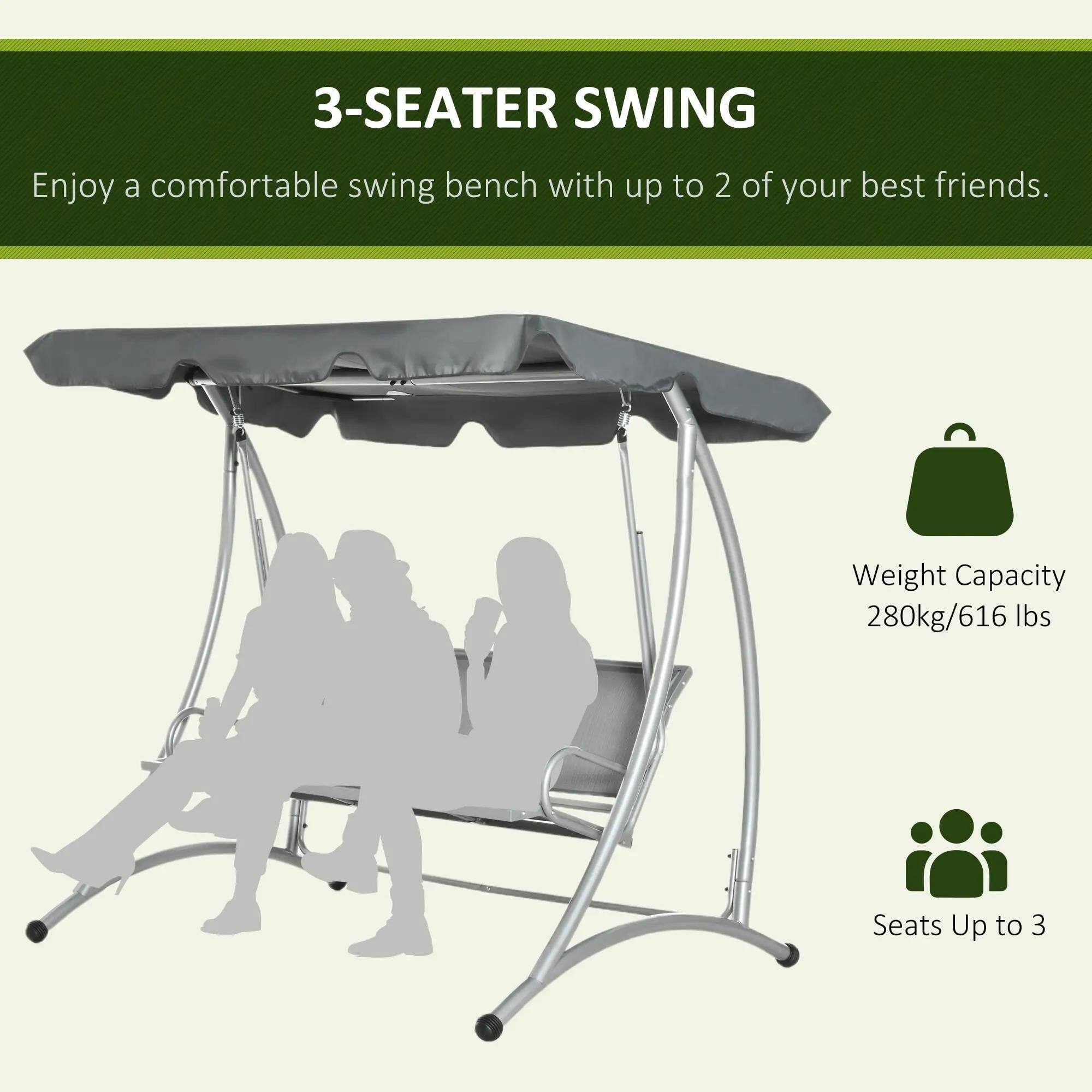 3-Seater Swing

Enjoy a comfortable swing bench with up to 2 of your best friends.

Weight Capacity: 280kg/616 lbs

Seats Up to 3