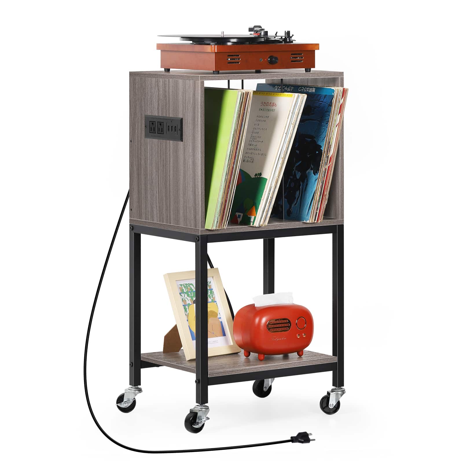 Oumilen - Mobile Turntable Stand with Charging Station & Vinyl Storage - Gray