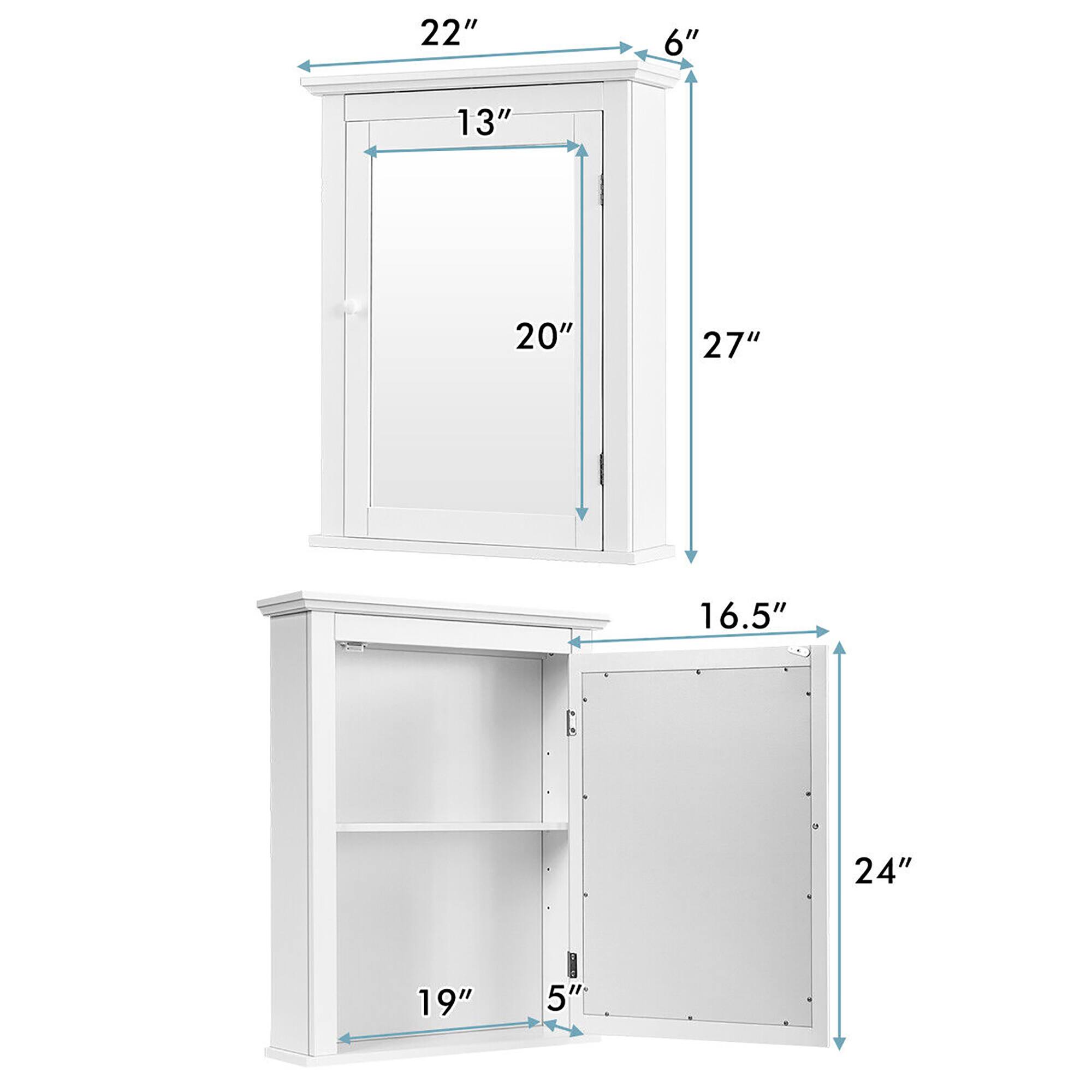 - Top Cabinet:
  - Width: 22"
  - Height: 27"
  - Depth: 6"
  - Door Width: 20"
  - Door Height: 20"
  - Door Thickness: 13"

- Bottom Cabinet:
  - Width: 19"
  - Height: 16.5"
  - Depth: 5"
  - Door Width: 24"
  - Door Height: 24"