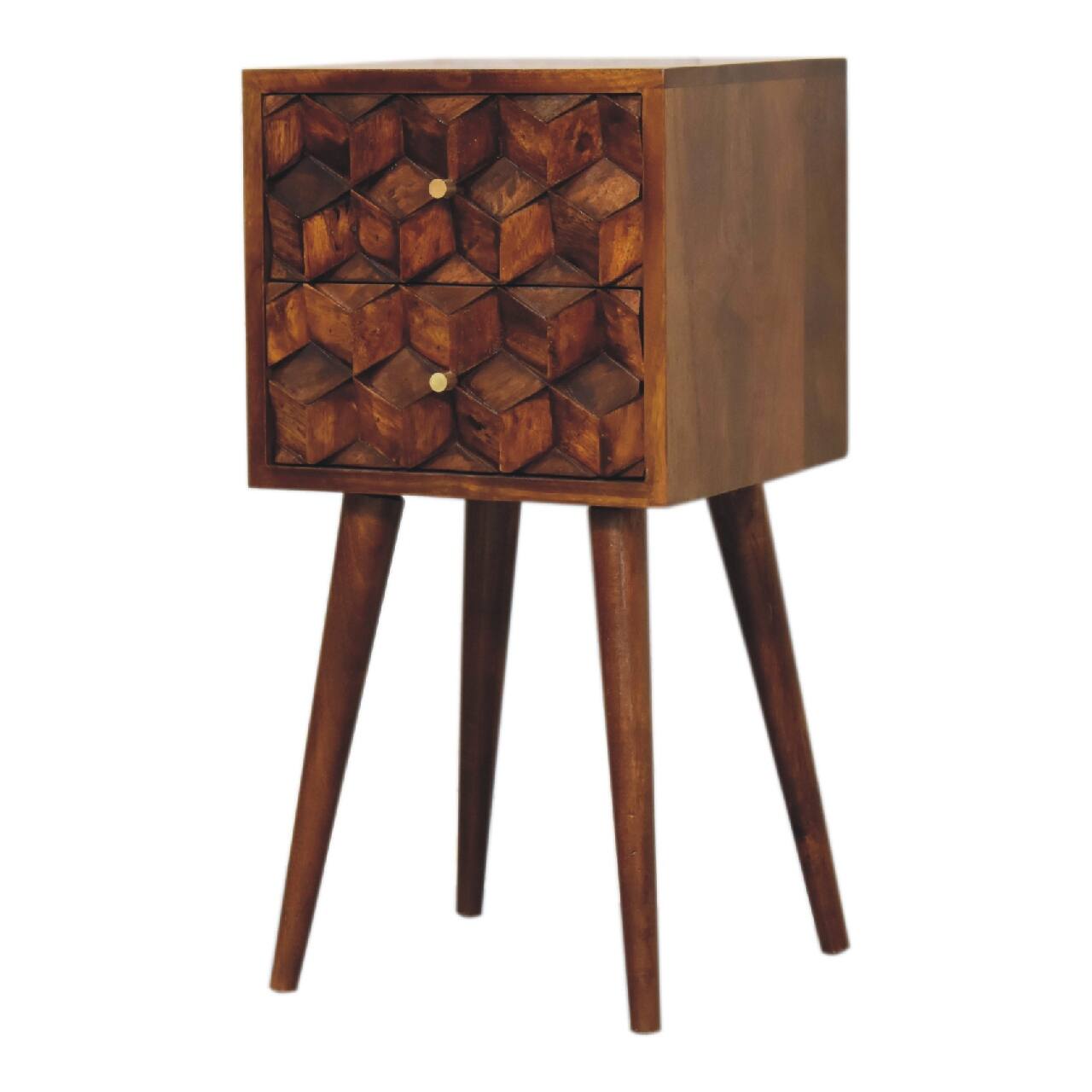 Left. Artisan Furniture - Artisan Furniture Solid Wood Mini Chestnut Cube 2 Drawer, Nordic legs, Nightstand, Dark Brown - Chestnut.