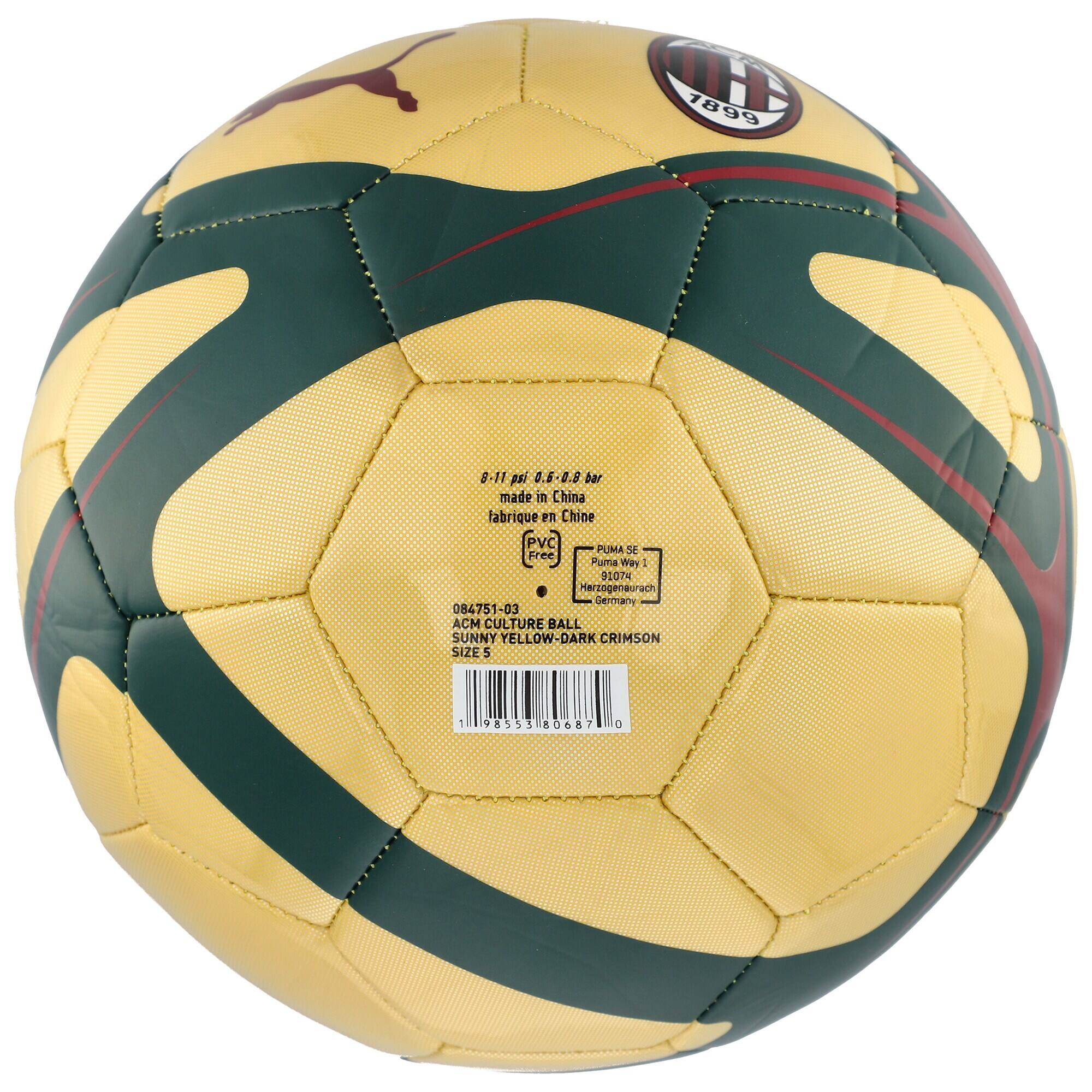 Sure, here is the corrected and grouped text from the image:

---

**Top Left:**
- 1899

**Top Right:**
- PUMA SE
- 91074
- Herzogenaurach
- Germany

**Main Label:**
- 8-11 psi 0.6-0.8 bar
- made in China
- fabrique en Chine

**Barcode Label:**
- 084751-03
- ACM CULTURE BALL
- SUNNY YELLOW-DARK CRIMSON
- SIZE 5

**Barcode Number:**
- 867

---

This text is organized based on its location on the ball.