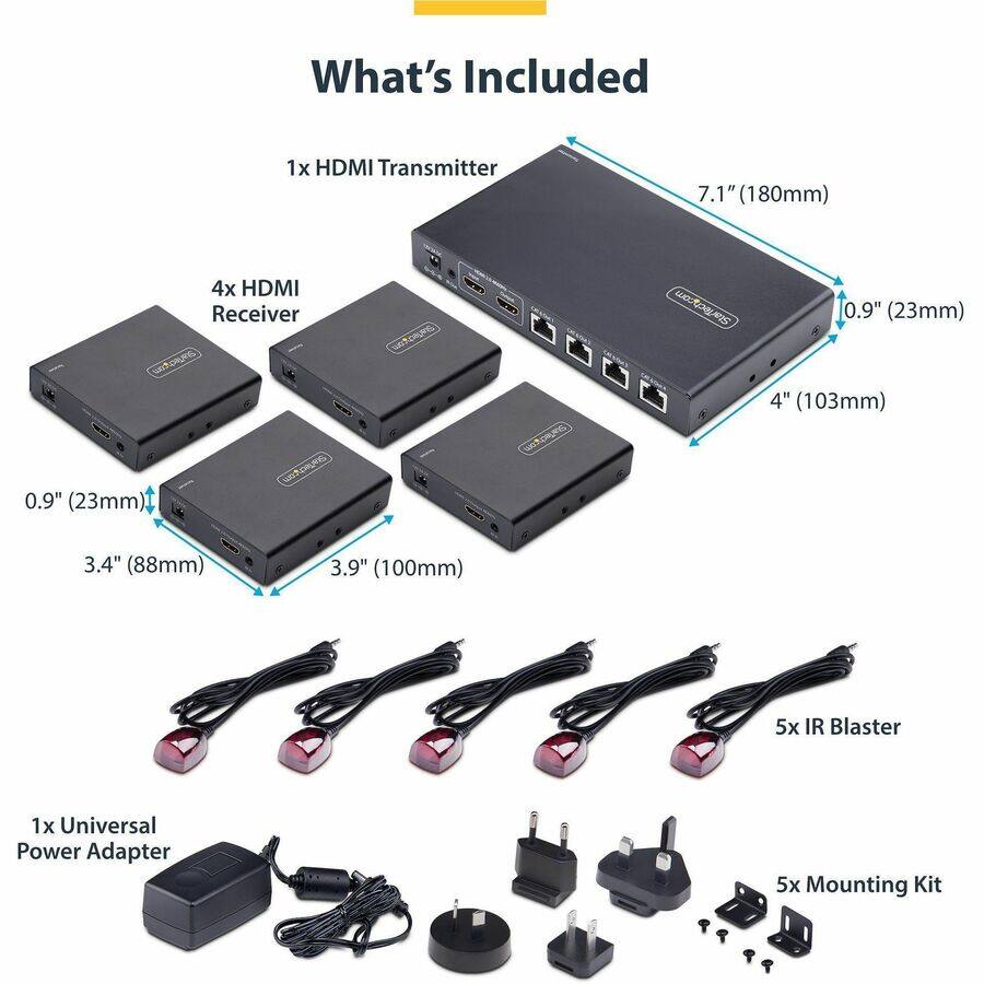 What's Included
1x HDMI Transmitter
7.1" (180mm)
4x HDMI Receiver
0.9" (23mm)
3.4" (88mm)
3.9" (100mm)
5x IR Blaster
1x Universal Power Adapter
5x Mounting Kit