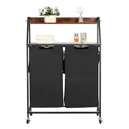VEVOR - 2 Tiers Laundry Sorter, Tall Laundry Hamper with Metal Frame and Wooden Tabletop, 2 Section Rolling Basket Organizer - Black,Brown