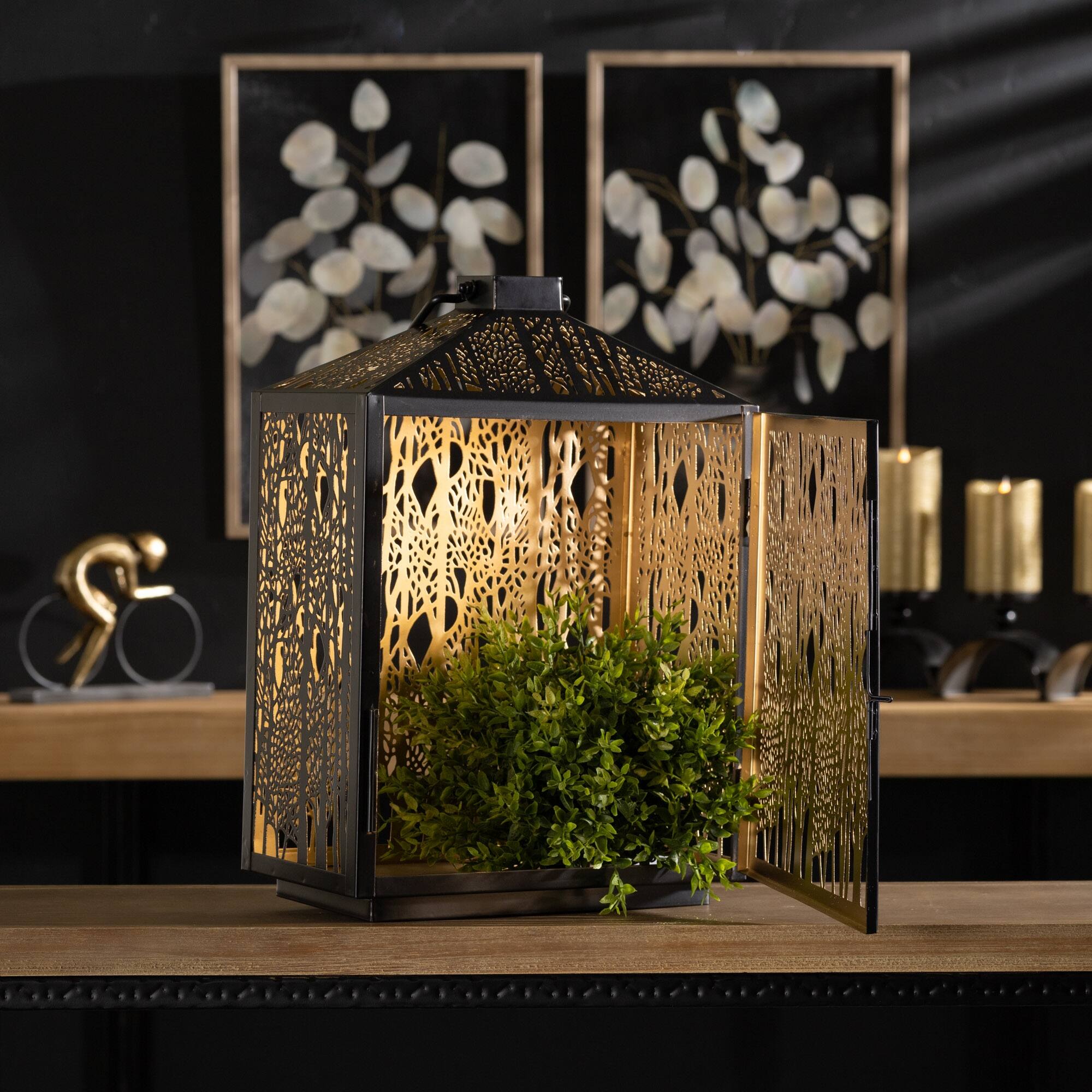 Alt View 1. BreeBe - Forest Cut Metal Lantern with Gold Accent 16"H - Black, Gold.