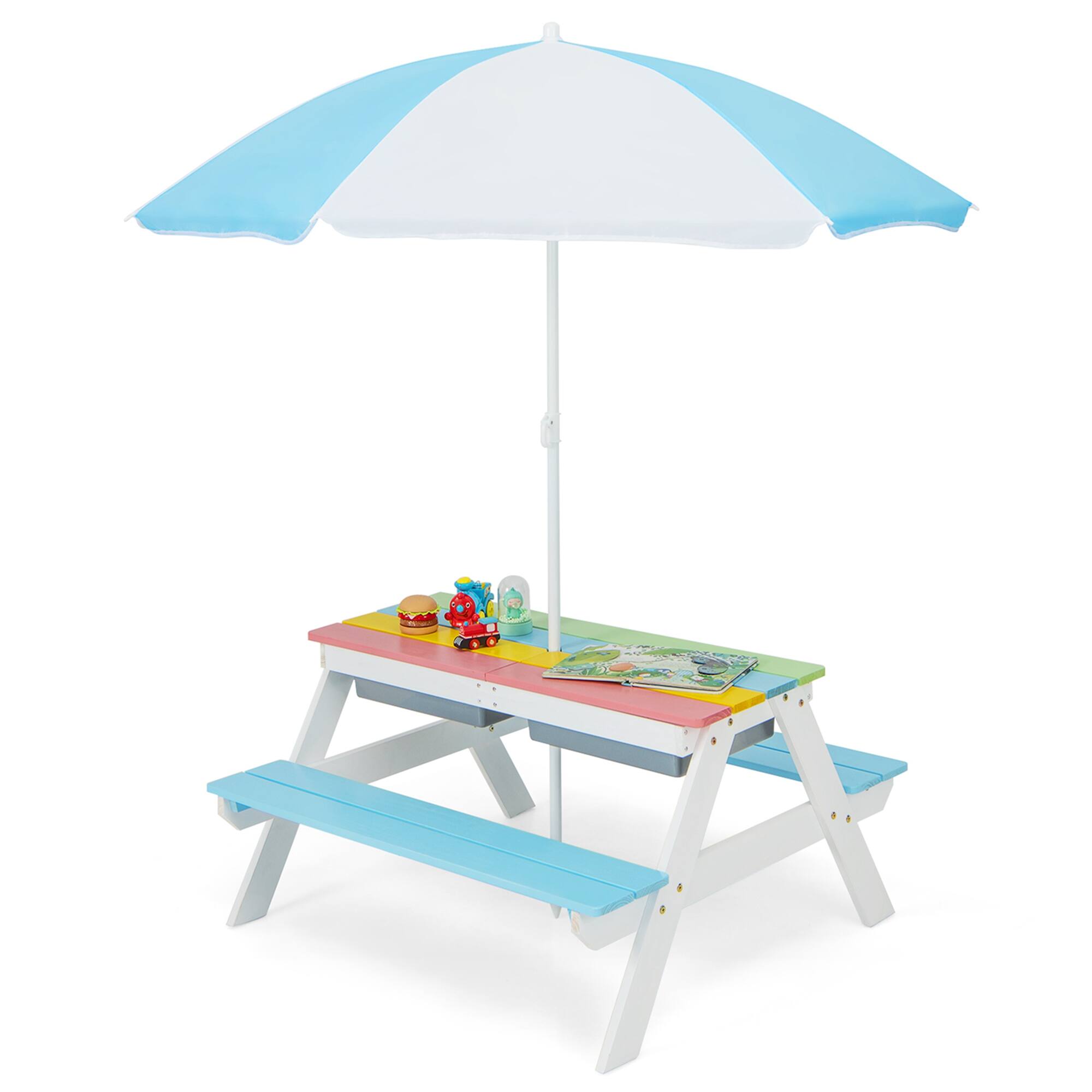 Costway - 3-in-1 Kids Picnic Table Wooden Outdoor Sand & Water Table with Umbrella Play Boxes - Blue