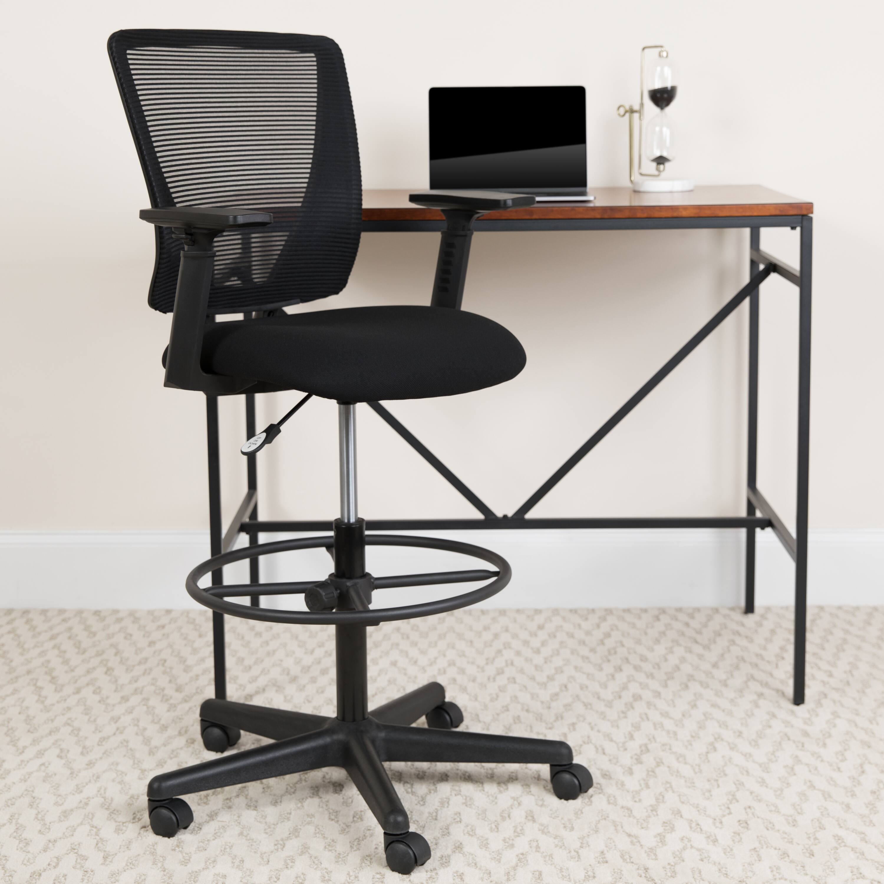 Alt View 1. Emma + Oliver - Ergonomic Mid-Back Mesh Drafting Chair with Fabric Seat, Adjustable Foot Ring and Arms - Black.