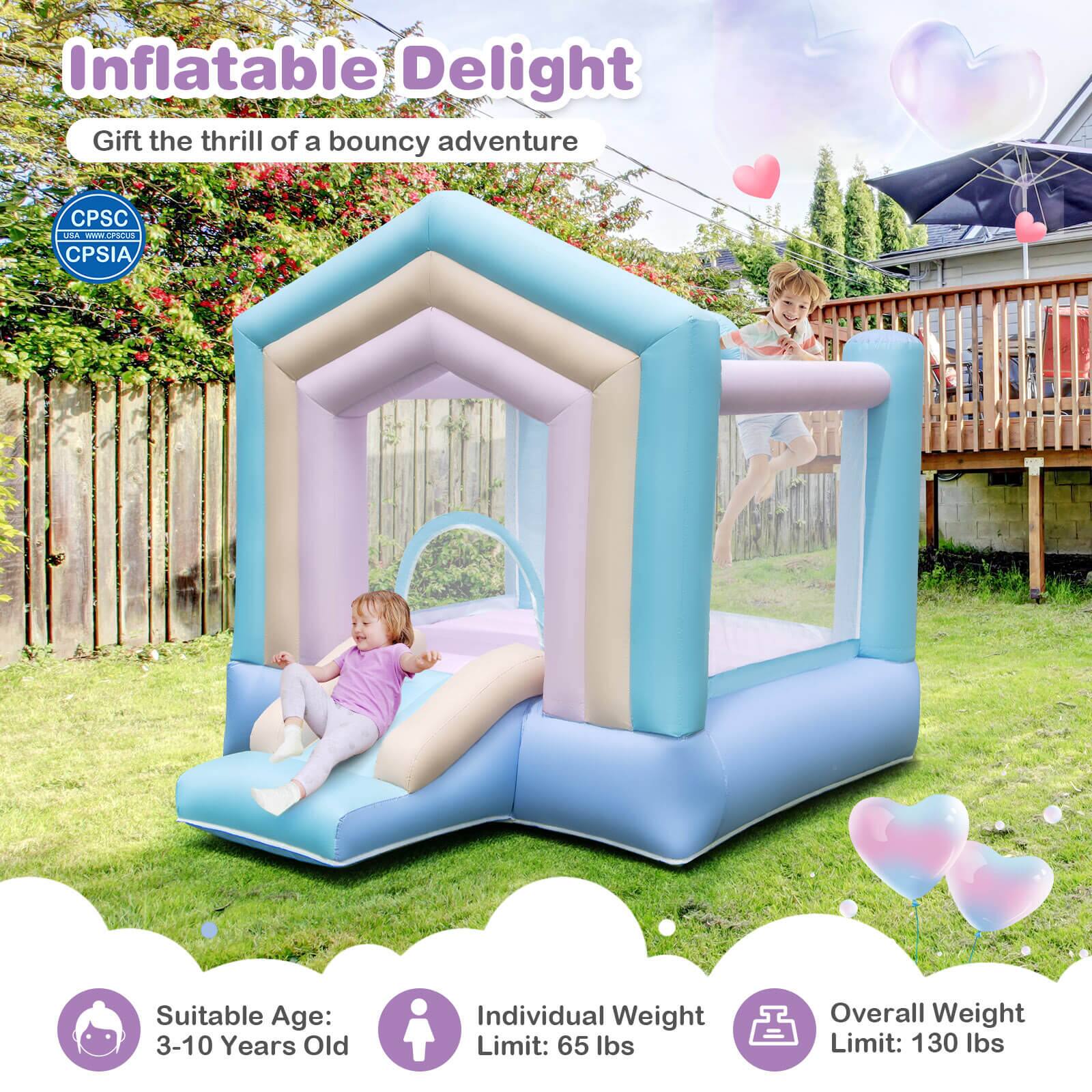 The text on the image reads: "Inflatable Delight Gift the thrill of a bouncy adventure CPSC I WwWCPICUS - CPSIA Suitable Age: 3-10 Years Old Individual Weight Limit: 65 Ibs Overall Weight Limit: 130 Ibs."