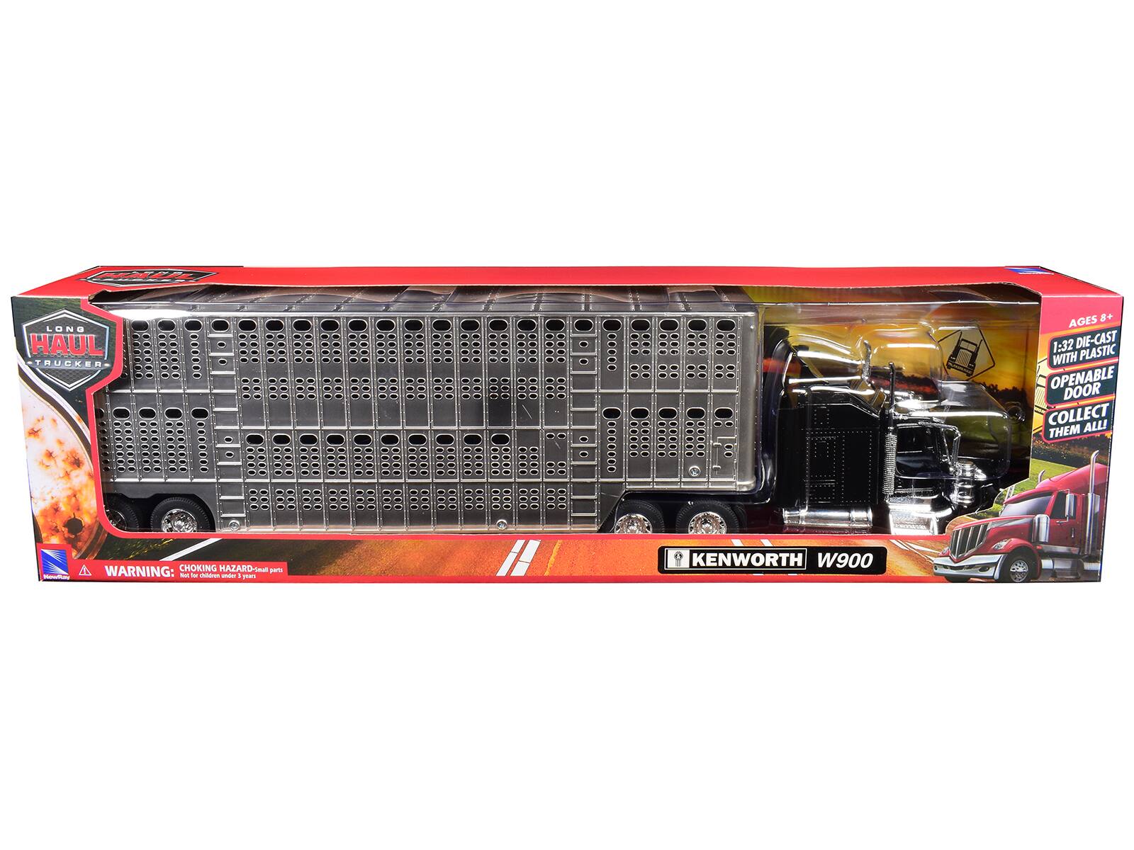 LONG HAUL TRUCKER  
KENWORTH W900  
AGES 8+  
1:32 DIE-CAST WITH PLASTIC OPENABLE DOOR  
COLLECT THEM ALL  
WARNING: CHOKING HAZARD - Small parts. Not for children under 3 years.