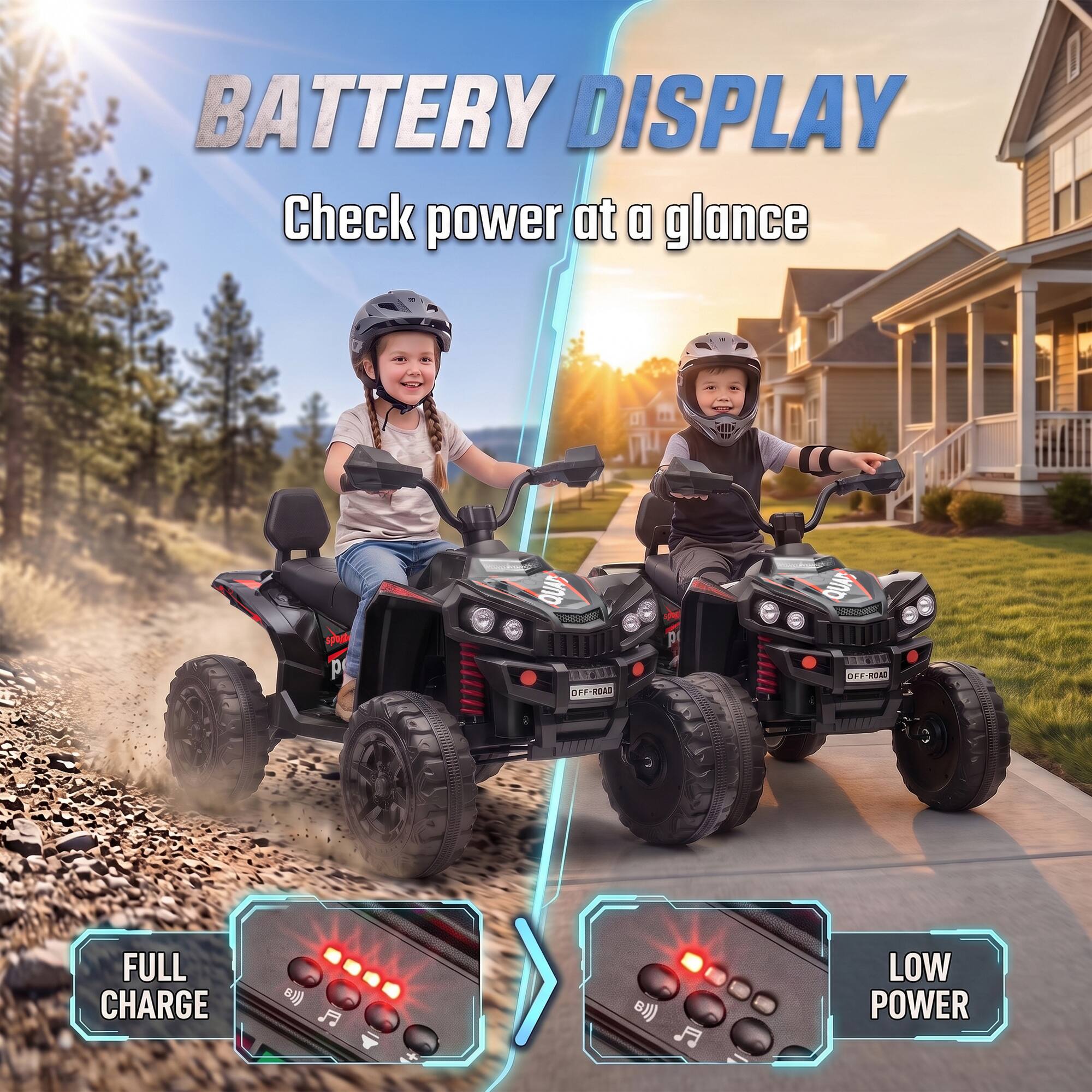 BATTERY DISPLAY  
Check power at a glance

QUAD OFF-ROAD

FULL CHARGE

LOW POWER