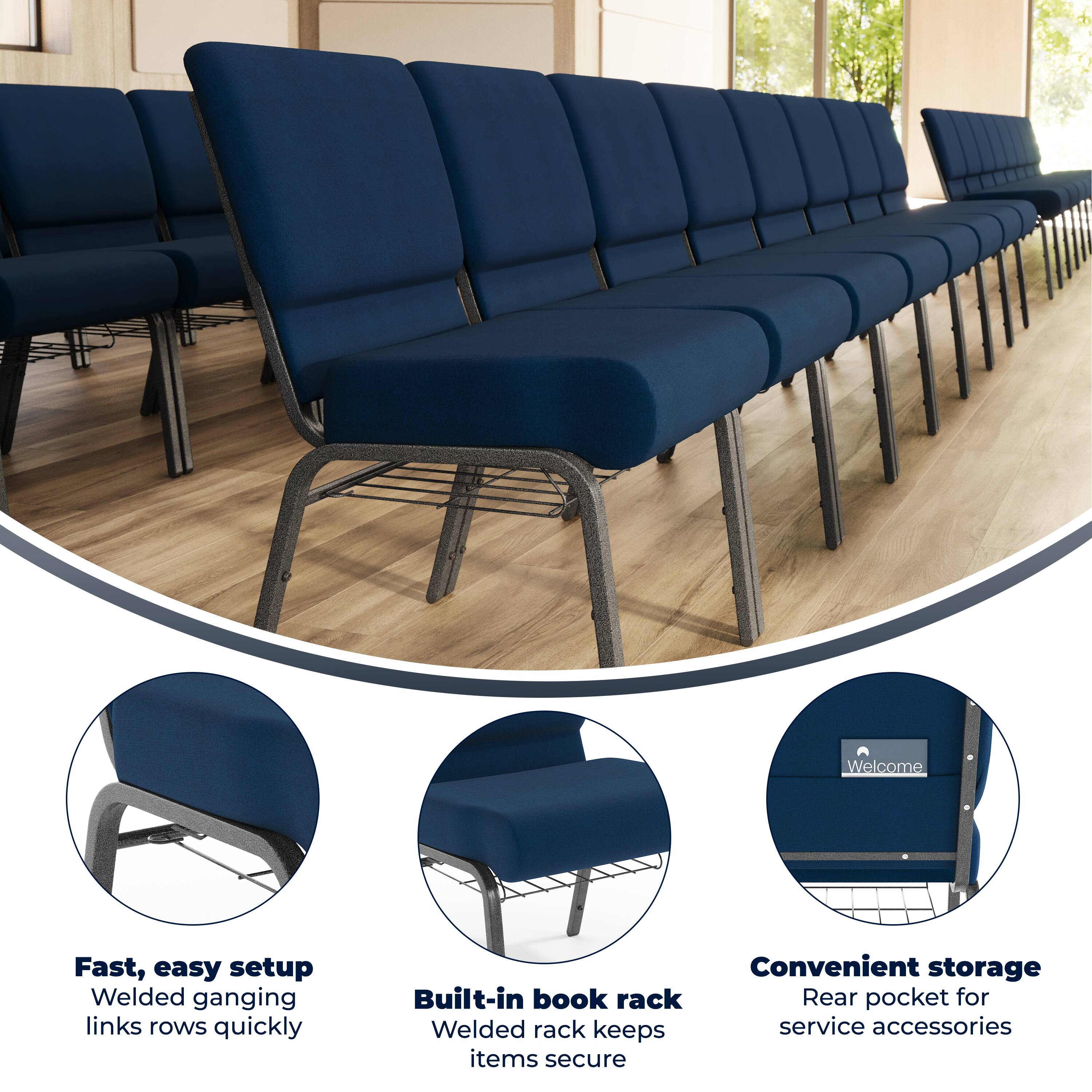 Welcome

Fast, easy setup  
Welded ganging links rows quickly

Built-in book rack  
Welded rack keeps items secure

Convenient storage  
Rear pocket for service accessories