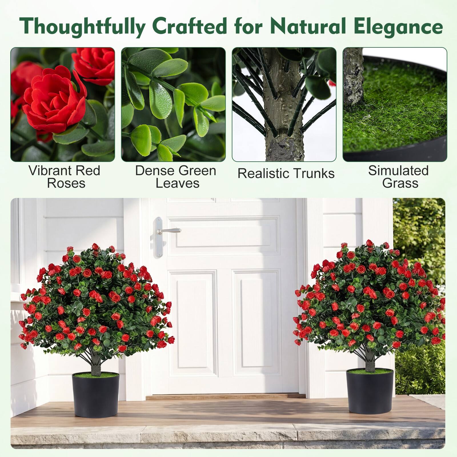 Thoughtfully Crafted for Natural Elegance

- Vibrant Red Roses
- Dense Green Leaves
- Realistic Trunks
- Simulated Grass