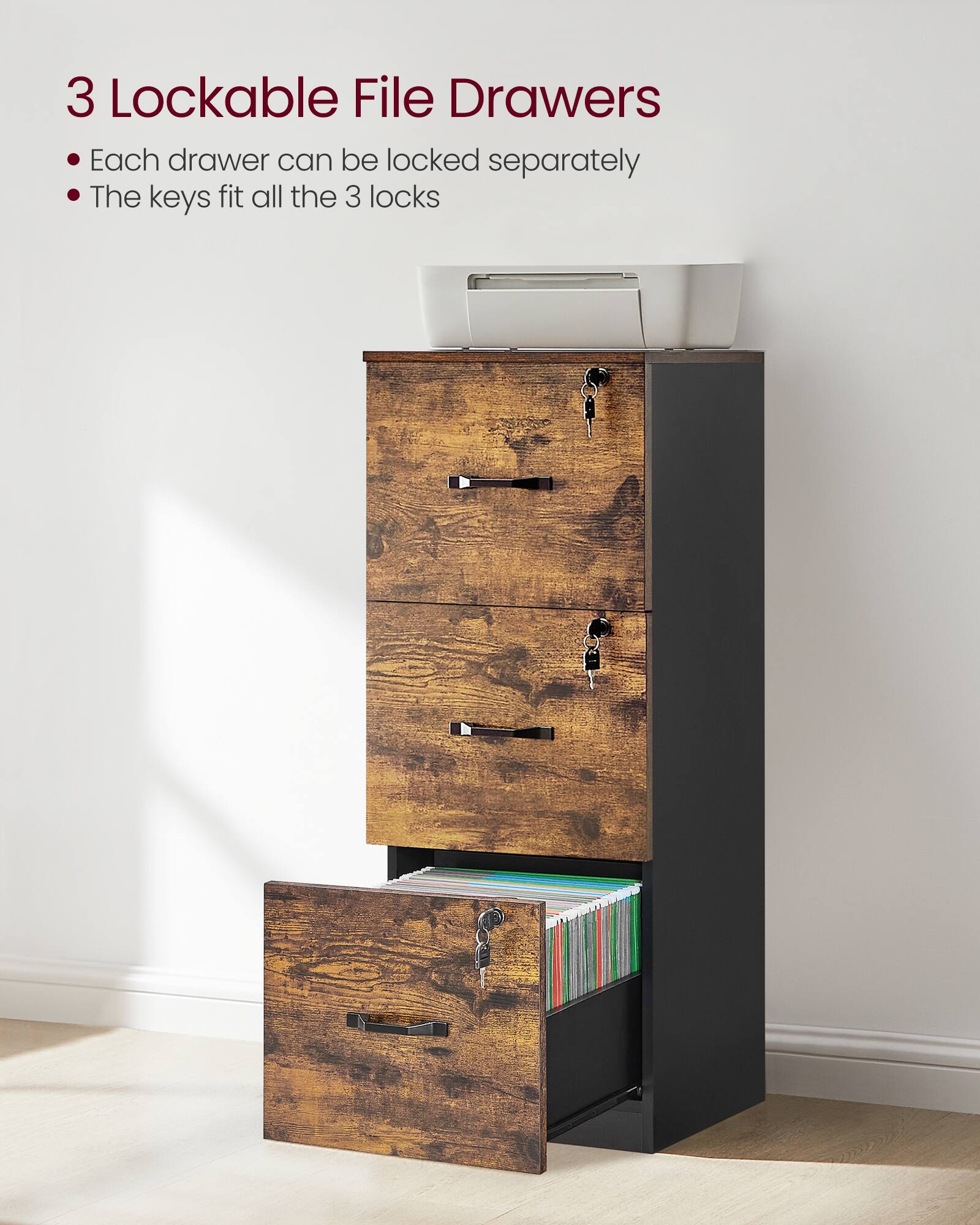 3 Lockable File Drawers

- Each drawer can be locked separately
- The keys fit all the 3 locks