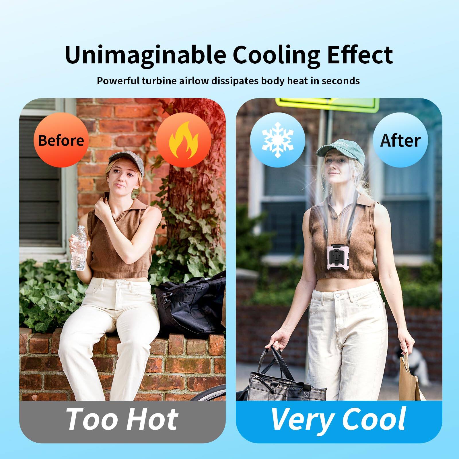 Unimaginable Cooling Effect  
Powerful turbine airflow dissipates body heat in seconds  

Before  
Too Hot  

After  
Very Cool