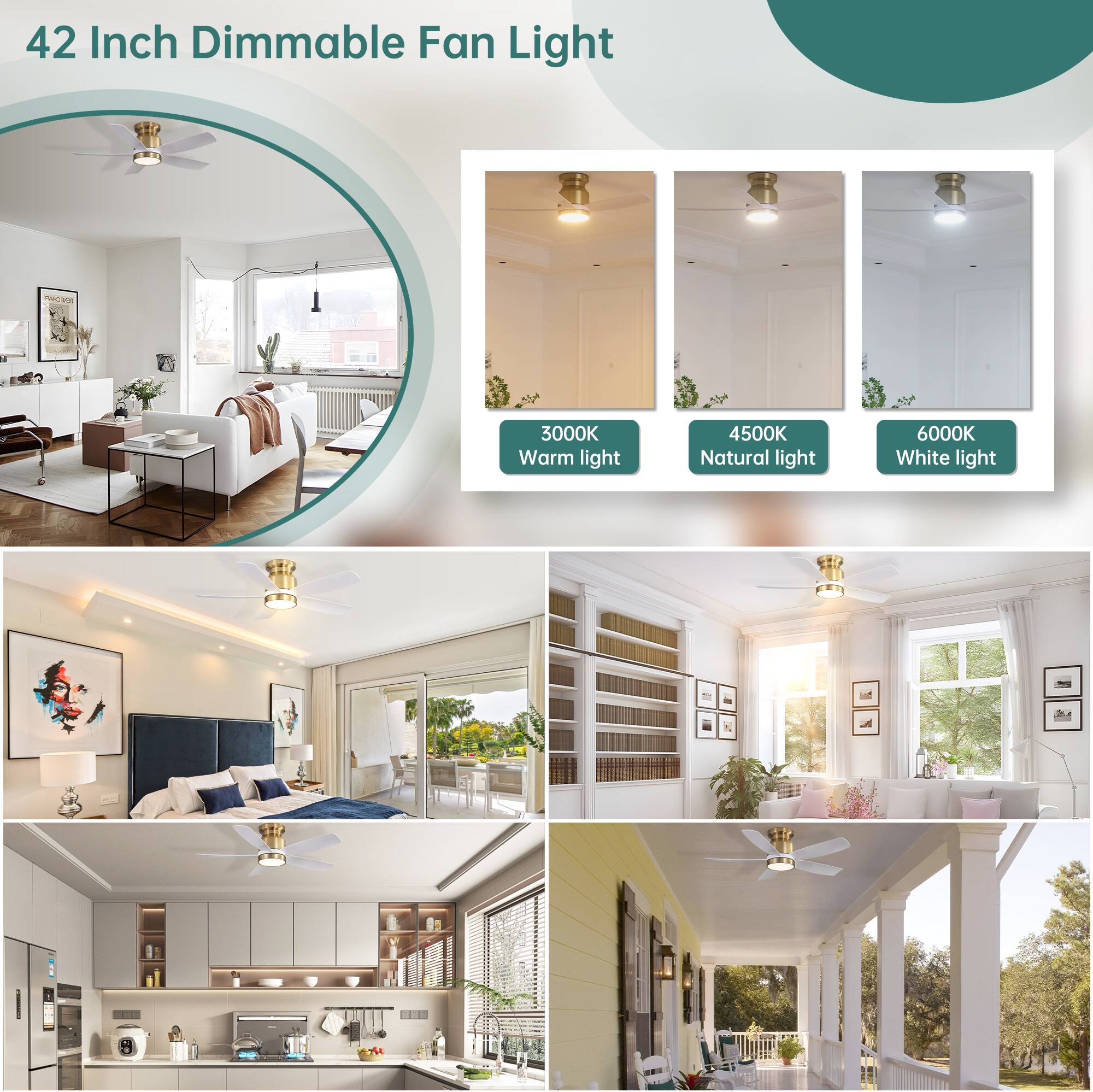 42 Inch Dimmable Fan Light

- 3000K Warm light
- 4500K Natural light
- 6000K White light