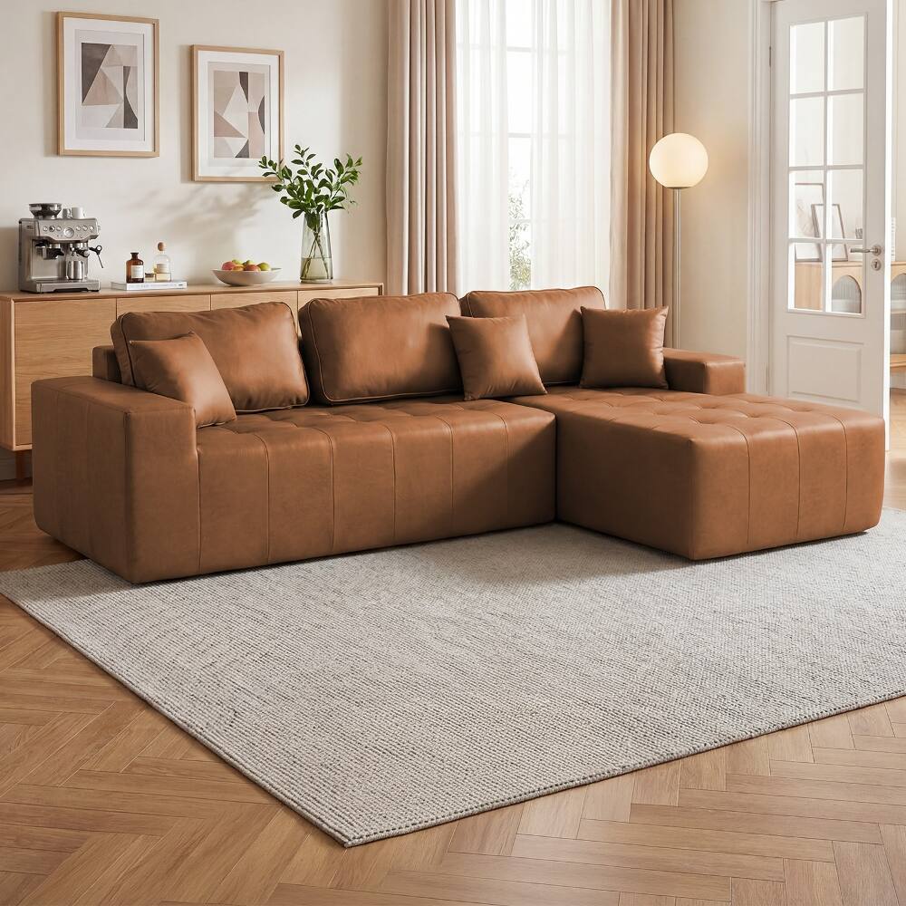 Front. Loheer - Loheer Faux Leather Sofa Bed L-Shaped Sectional Couch Corner Chaise Light Brown - Light Brown.