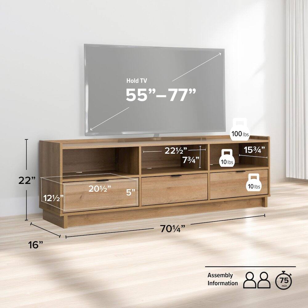 Hold TV 55"-77"  
100 lbs  
22 1/2"  
7 3/4"  
10 lbs  
15 3/4"  
22"  
12 1/2"  
20 1/2"  
5"  
10 lbs  
70 1/4"  
16"  
Assembly Information  
75 min
