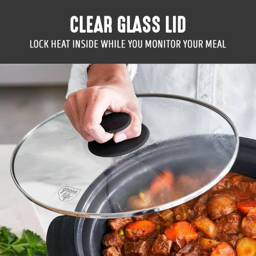 CLEAR GLASS LID  
LOCK HEAT INSIDE WHILE YOU MONITOR YOUR MEAL