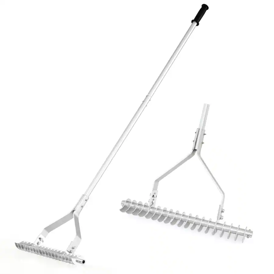 4t Silver Rake Gymax 70'' Garden Thatch Rake w/ Long Handle & 19 Curved Tines Silver ...