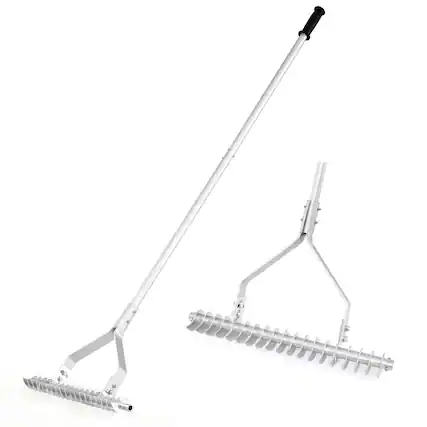 Front. Gymax - Gymax 70'' Garden Thatch Rake w/ Long Handle & 19 Curved Tines - Silver.