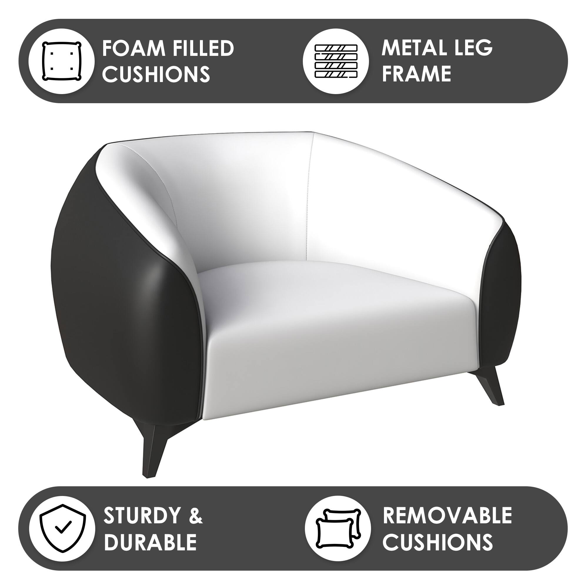 FOAM FILLED CUSHIONS  
METAL LEG FRAME  
STURDY & DURABLE  
REMOVABLE CUSHIONS