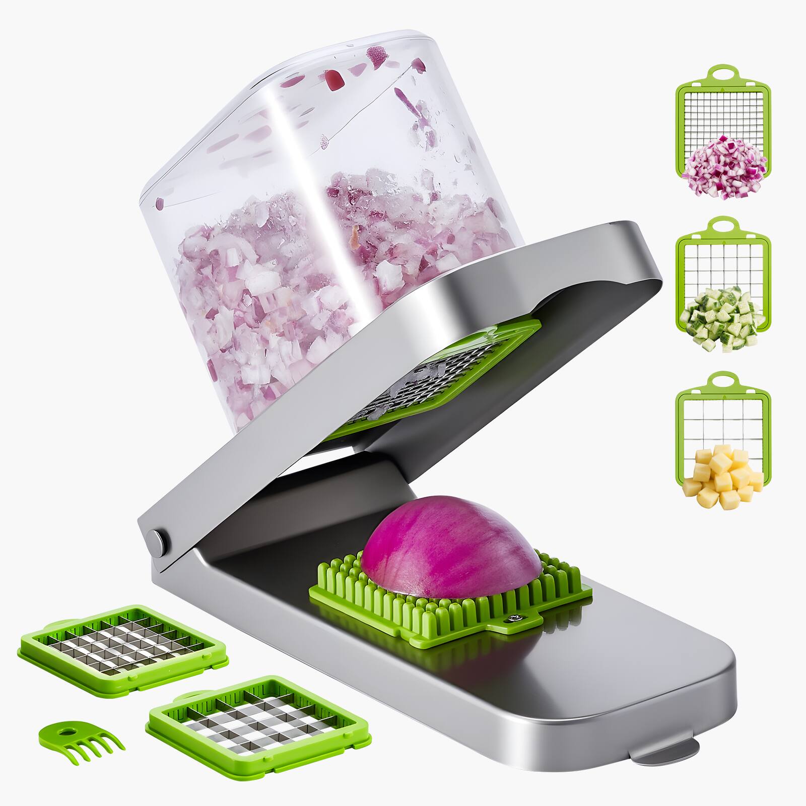 VEVOR - Vegetable Chopper, Food Veggie Cutter with 3 Stainless Steel Blades, Onion Slicer with Container - Silver