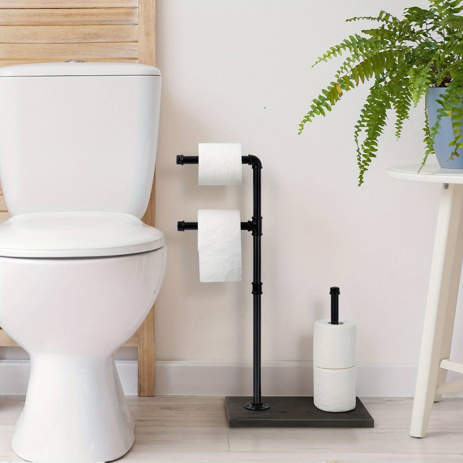 Alt View 1. Oumilen - Industrial Pipe Freestanding Toilet Paper Holder – Double Roll Stand with Dark Wood Grain Base.