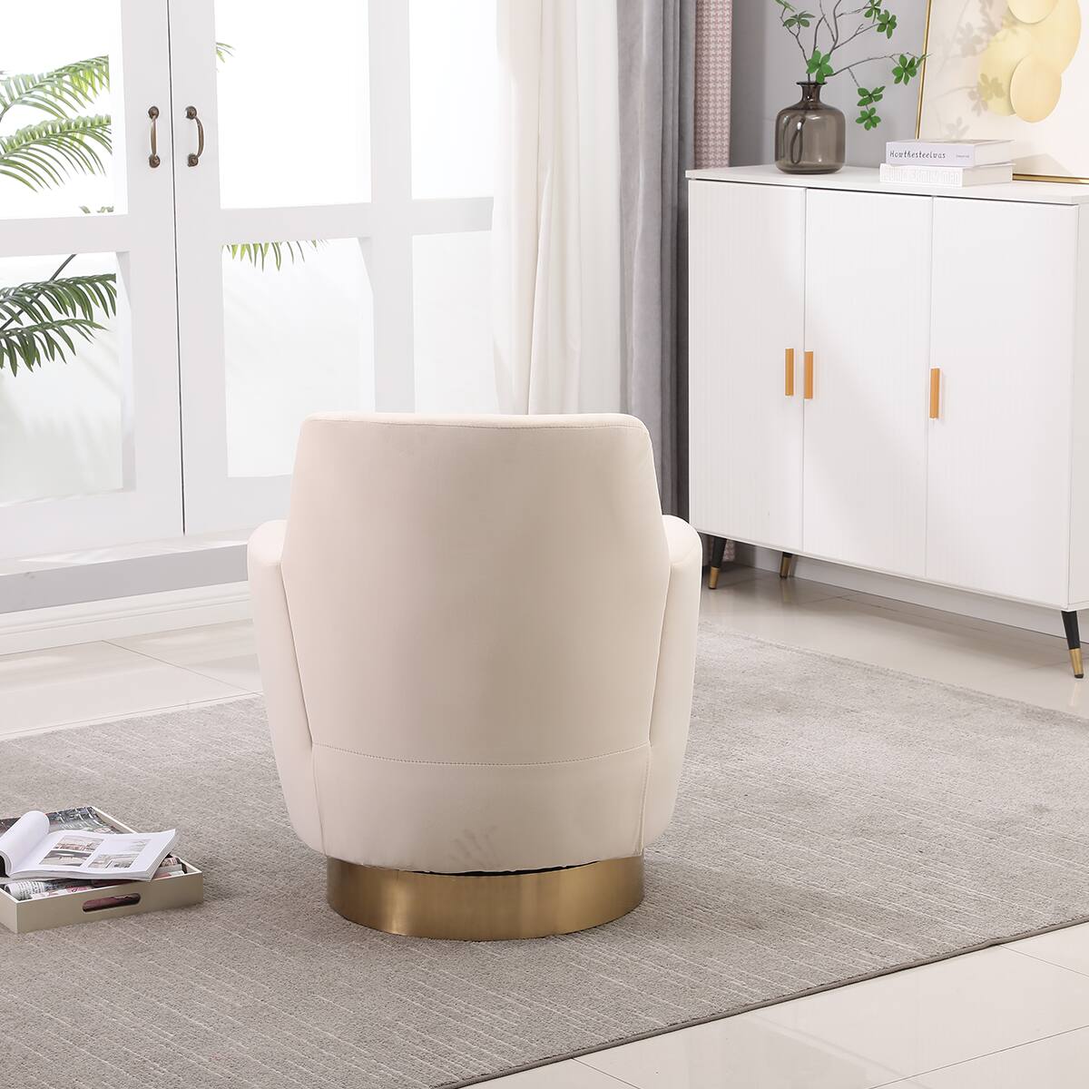 Angle. Trinkets Crazed - Swivel Barrel Chair,Modern Comfy Velvet Upholstered Round Swivel Accent Chairst,360 Degree Single Sofa Chair Armchair - Beige.