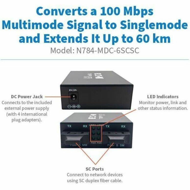 Converts a 100 Mbps Multimode Signal to Singlemode and Extends It Up to 60 km  
Model: N784-MDC-6SCSC  

5V.2A DC Power Jack  
Connects to the included external power supply (with 4 international plug adapters).  

TX A RX TX RX LED Indicators  
Monitor power, link and other status information.  

MM PWR PWR B SM SC Ports  
Connect to network devices using SC duplex fiber cable.