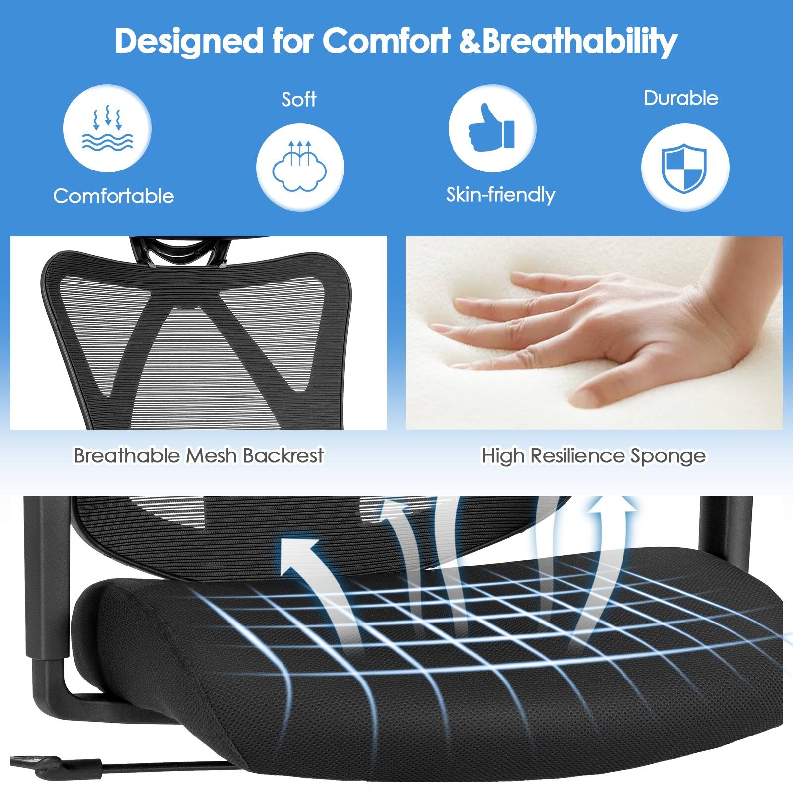 Designed for Comfort & Breathability: Soft, Durable, Comfortable, Skin-friendly, Breathable Mesh Backrest; High Resilience Sponge.