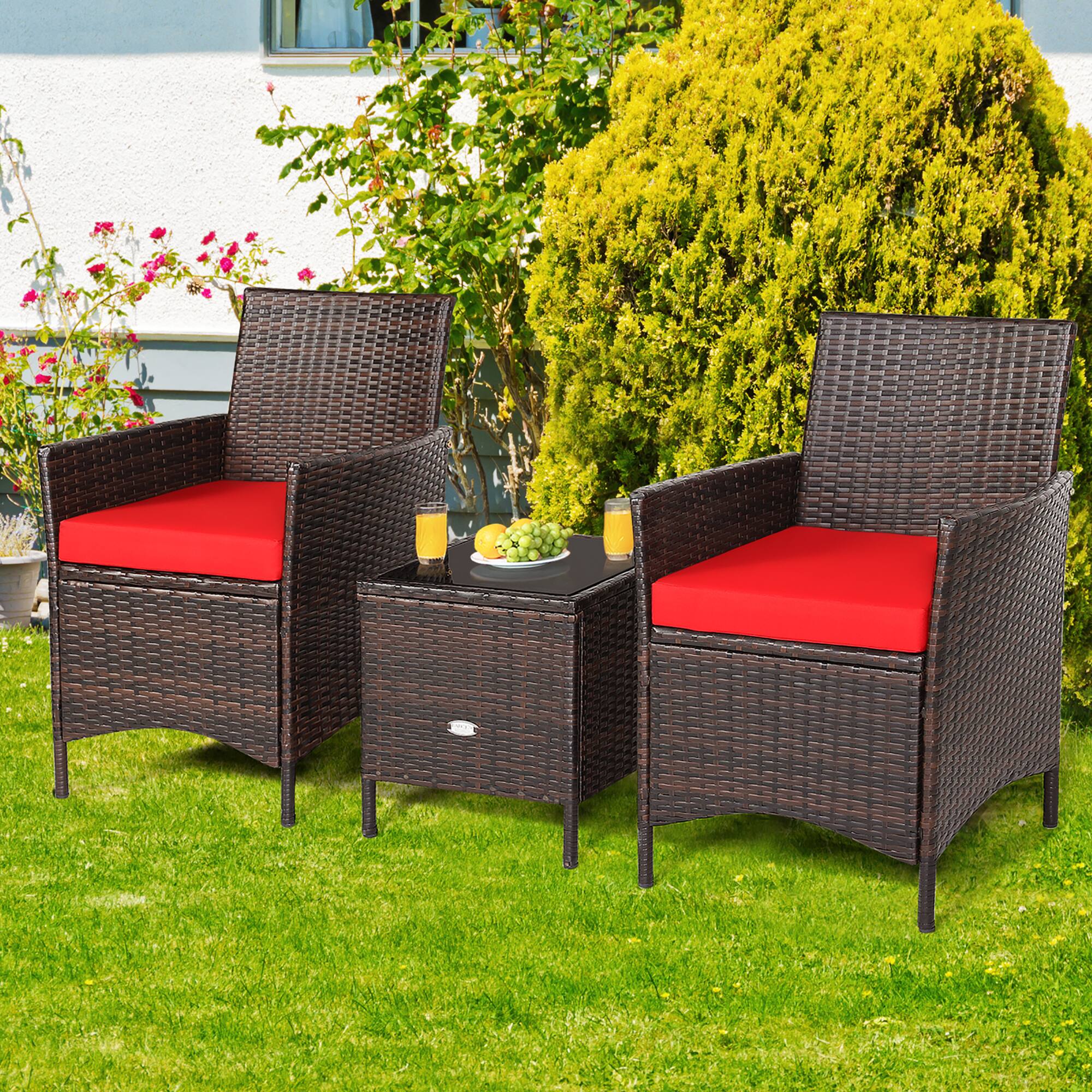 Alt View 9. Costway - 3PCS Patio Rattan Furniture Set Cushioned Sofa Glass Tabletop Deck - Red,Mix Brown.