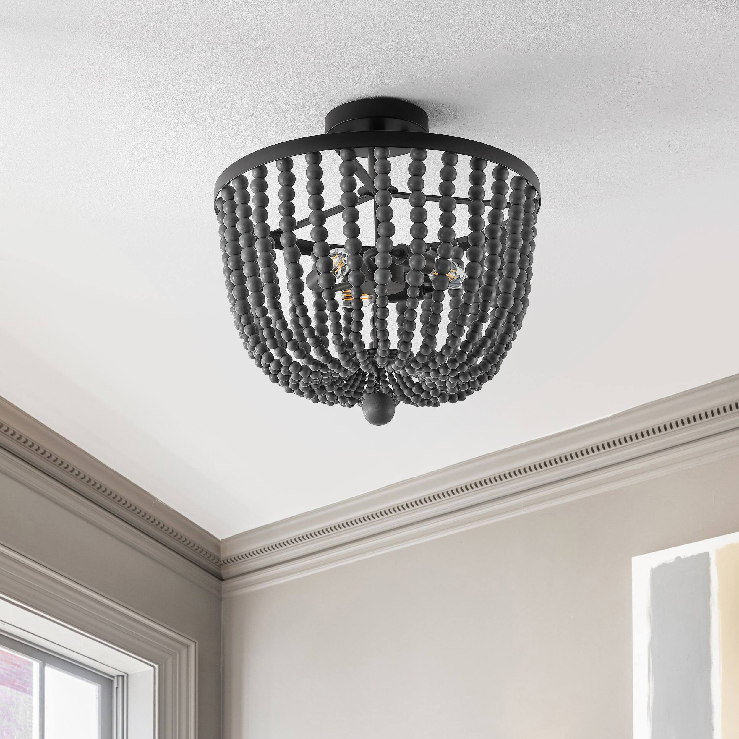 Alt View 5. Jonathan Y - Drift Wood Bead 16" 3-Light Bohemian Farmhouse Iron LED Semi Flush Mount, Oil Rubbed Bronze/Grey - Gray.