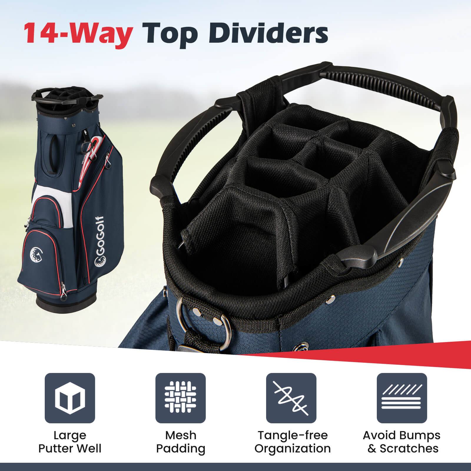 14-Way Top Dividers

- Large Putter Well
- Mesh Padding
- Tangle-free Organization
- Avoid Bumps & Scratches