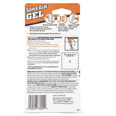 Sure, here is the corrected and grouped text from the image:

---

**SUPER GLUE GEL**

**10 Ne Centrel Bel Na Run Control Gel Formula**

- Bonds Plastic
- Great for Ceramic, Rubber
- Use on vertical surfaces
- Paper and More!

**Anti-Clog Cap Helps keep brush wetter**

**Ingredients:**
- Ethyl Cyanoacrylate

**Directions:**
1. Shake well before use.
2. Apply a small amount of glue to one surface.
3. Press the other surface firmly against the glued surface.
4. Hold for 10-20 seconds.
5. Allow to cure for 24 hours.

**Warning:**
- Keep out of reach of children.
- Avoid contact with skin and eyes.
- If contact occurs, rinse with water.
- Do not use on skin or mucous membranes.

**Storage:**
- Store in a cool, dry place.

**Caution:**
- Do not use on skin or mucous membranes.
- Do not use on live tissue.

**Net Wt:**
- 0.15 oz (4.25 g)

**Barcode:**
- 0 52427 76001 2
