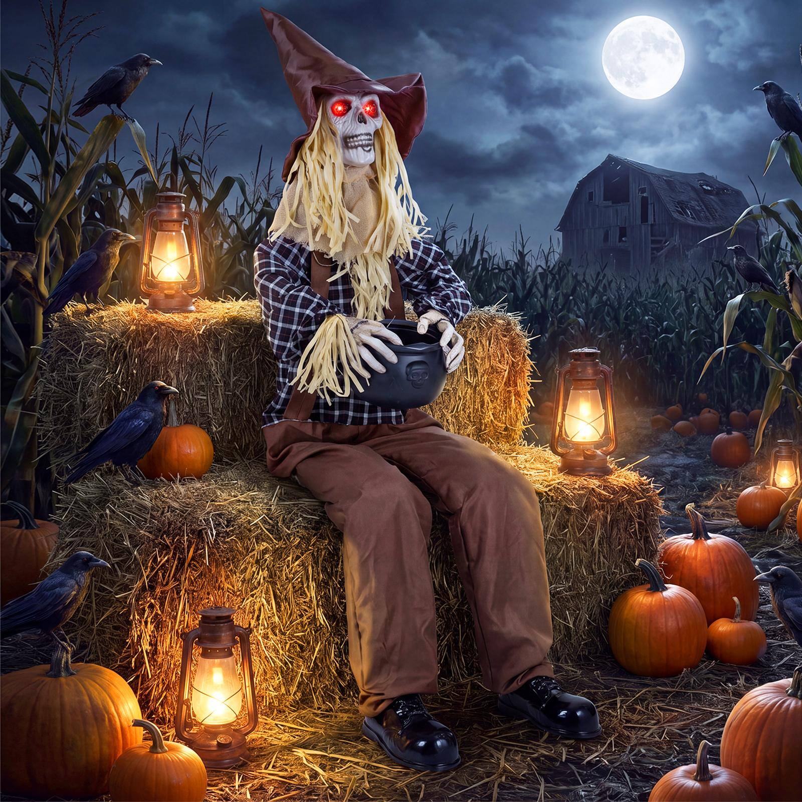 Alt View 3. Costway - Costway Halloween Animatronic Sitting Scarecrow with Candy Bowl Lighted Eyes Head Movement - Multicolor.