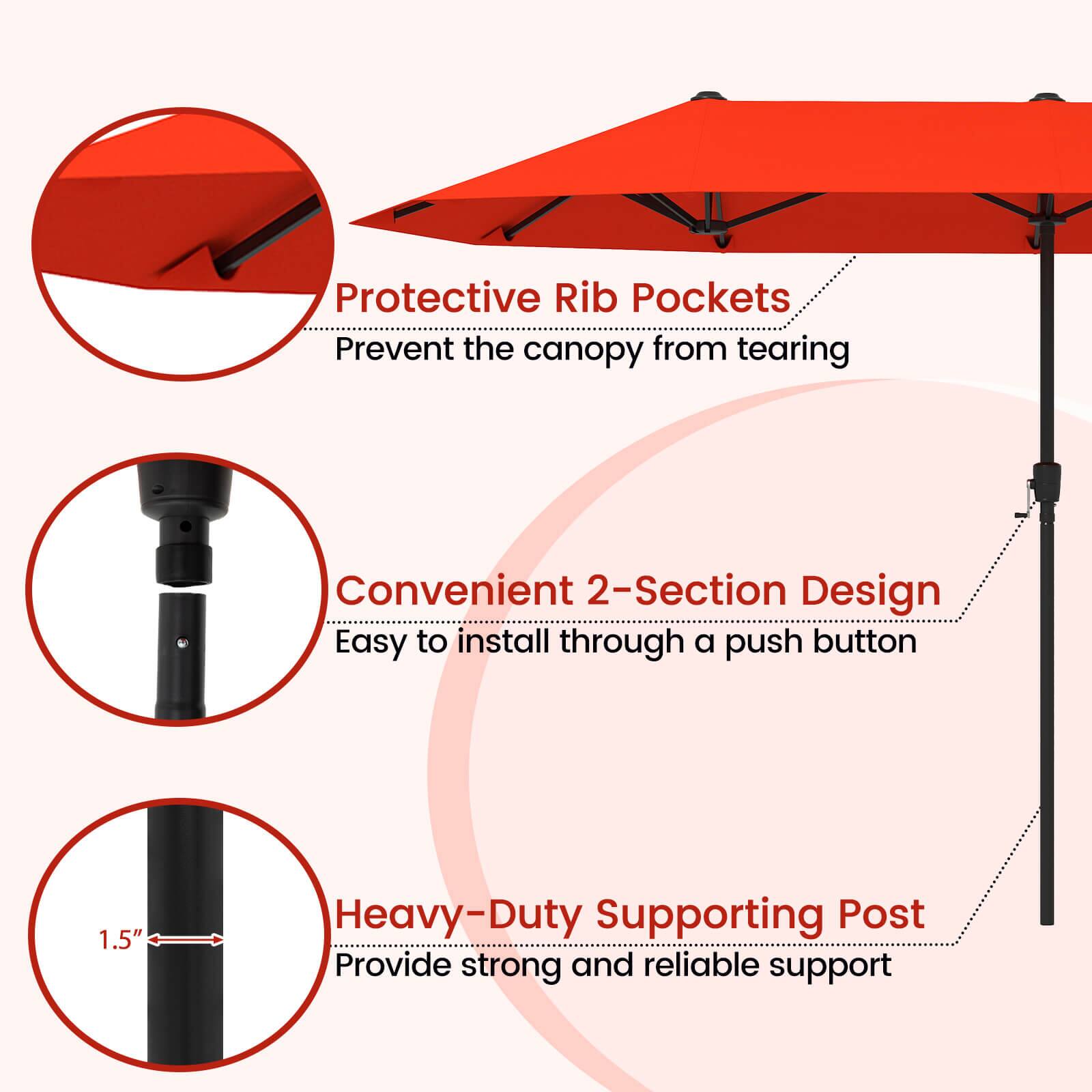 The image features a red umbrella with a description of its features. The umbrella has protective rib pockets to prevent the canopy from tearing, a convenient 2-section design for easy installation, and a heavy-duty supporting post for strong and reliable support. The umbrella also has a push button for easy installation.