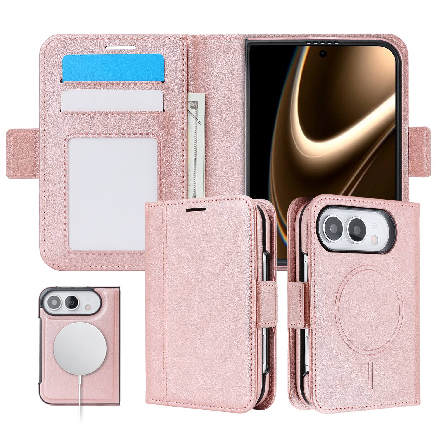 Left. UUCOVER - Magnetic Detachable Wallet Case for Apple iPhone Duo Leather Card Slots RFID Blocking Compatible with MagSafe Cover - Pink.