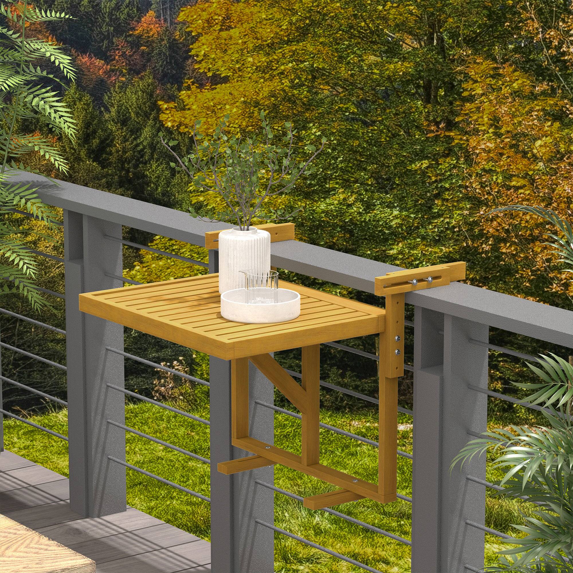 Alt View 1. Outsunny - Balcony Railing Table, Outdoor Folding Hanging Table / Desk, Space Saving 4 Height Adjustable Wood Balcony Bar Table - Natural Wood.